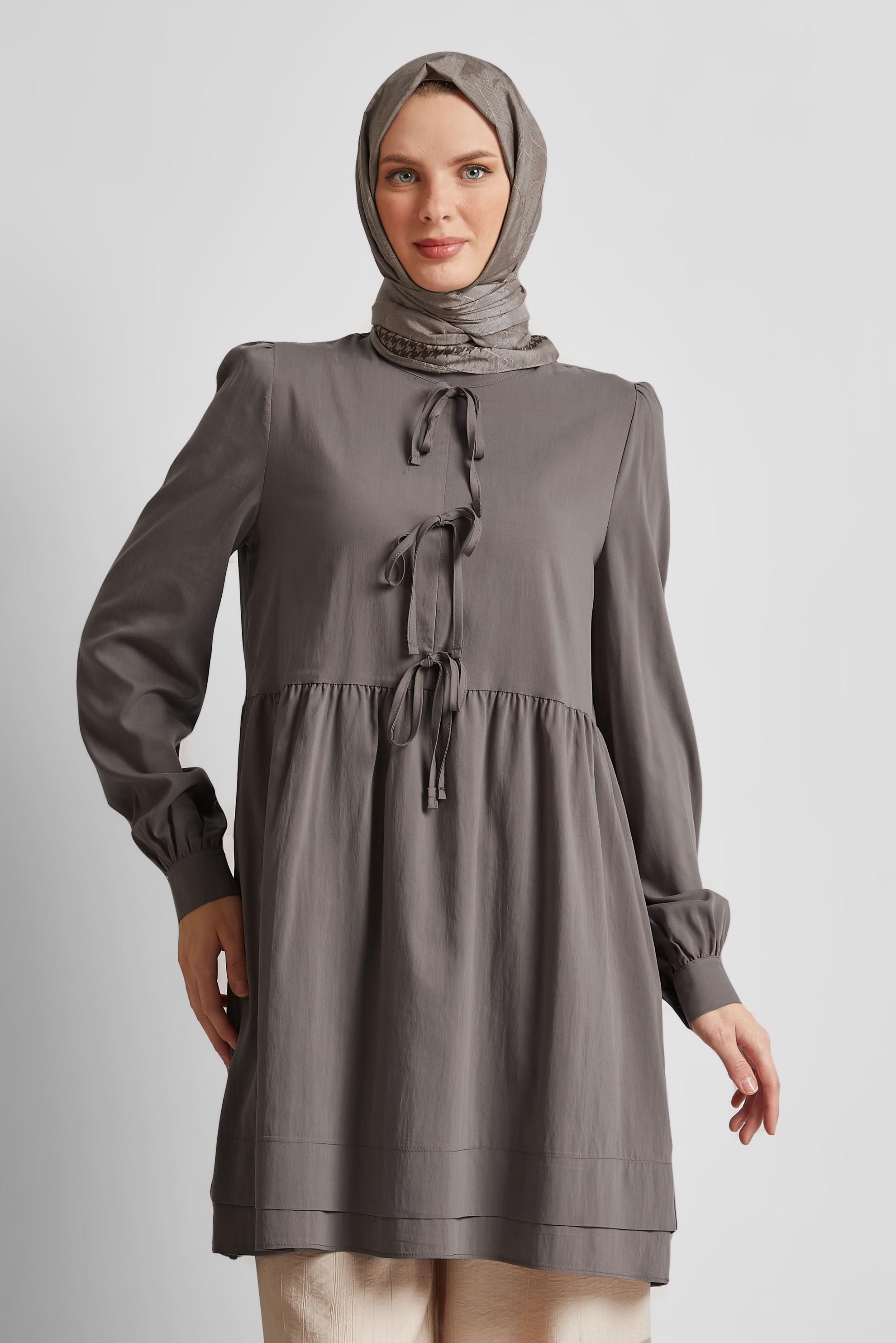 Tesettür giyim VİZON BAĞCIK DETAYLI TUNİK 45644