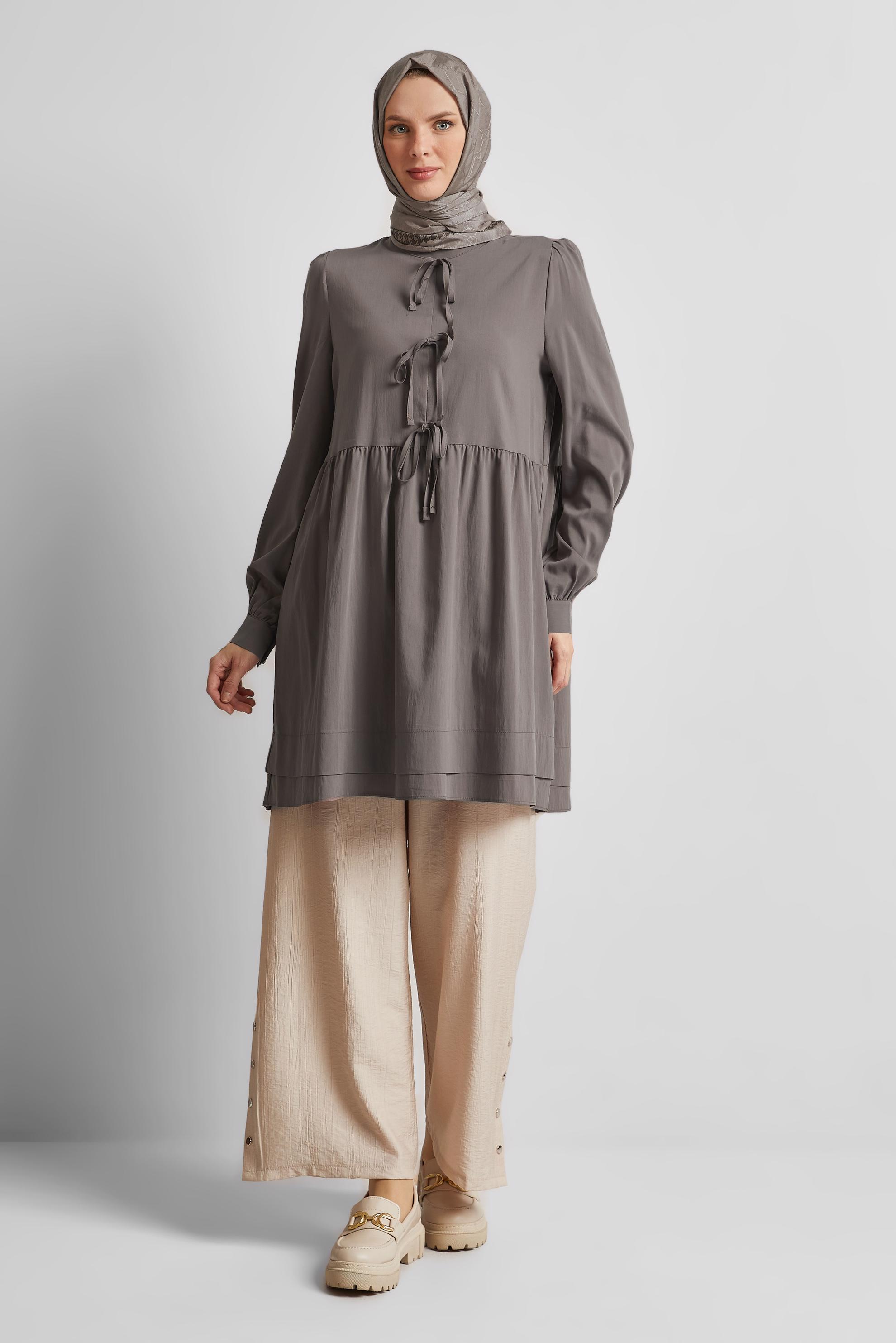 Tesettür giyim VİZON BAĞCIK DETAYLI TUNİK 45644