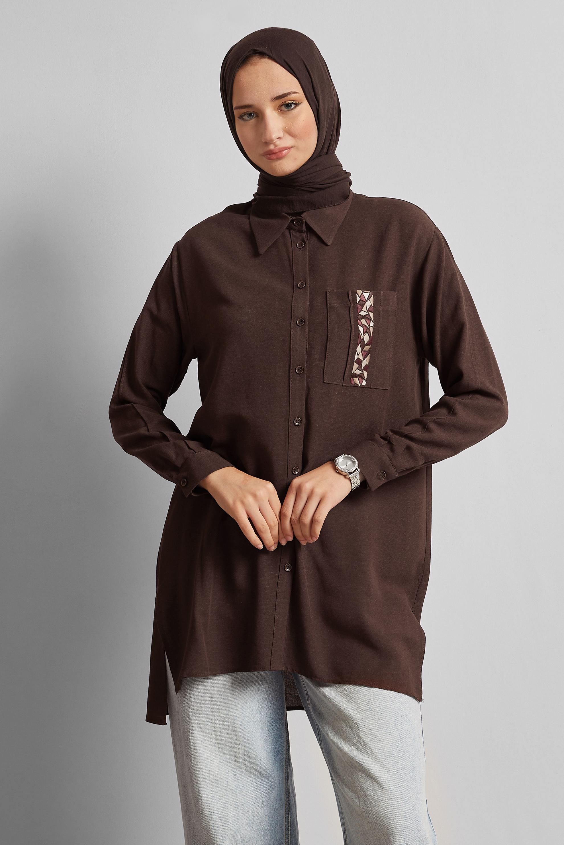 Tesettür giyim KAHVE VİSKON KETEN TUNİK 45646