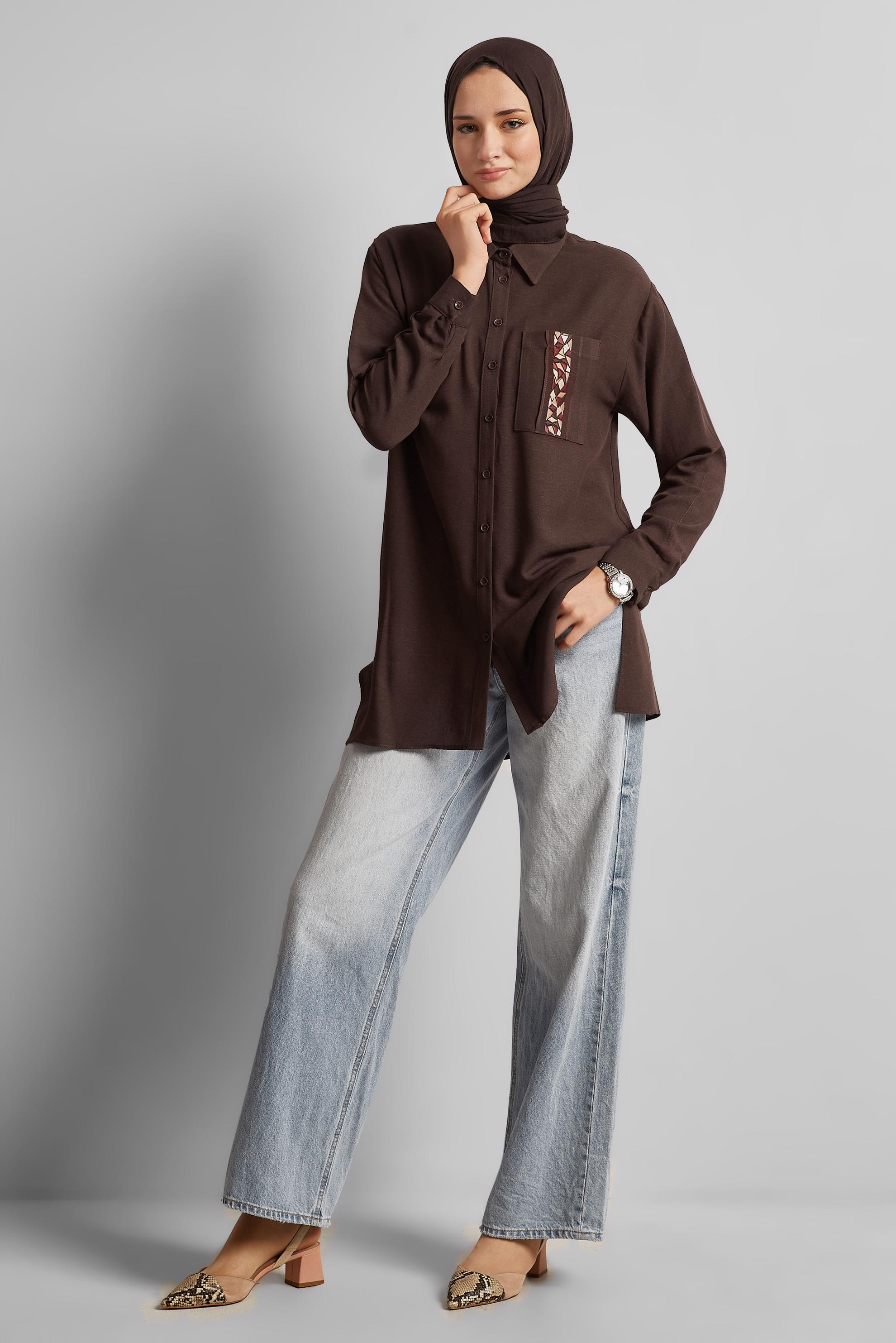 Tesettür giyim KAHVE VİSKON KETEN TUNİK 45646
