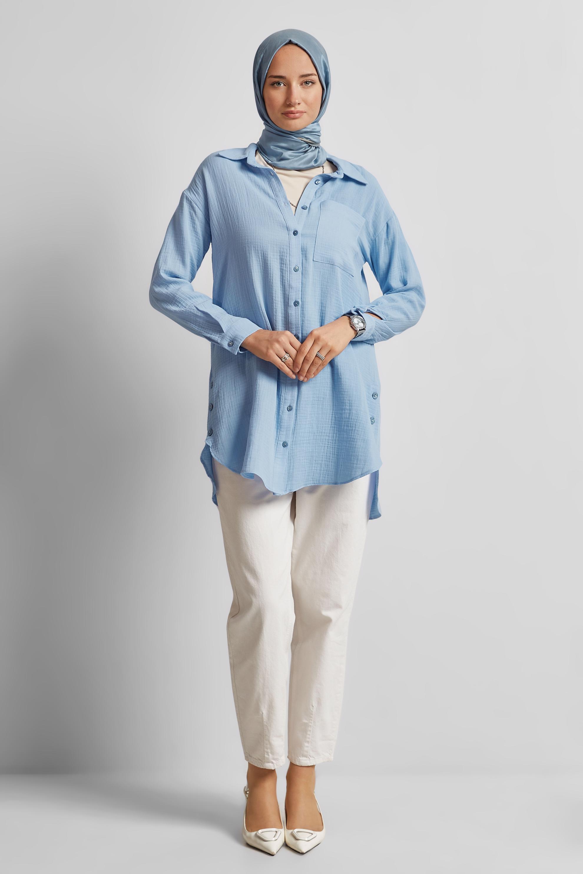 Tesettür giyim MAVİ PAMUKLU MÜSLİN TUNİK 45654