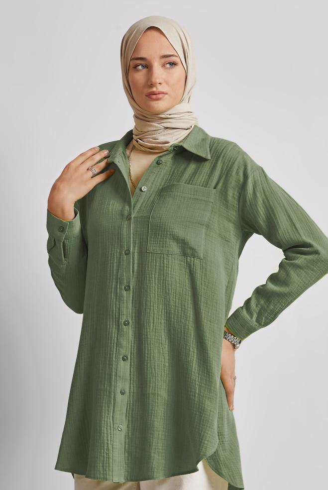 Vêtements hijab KAKI TUNIQUE EN MOUSSELINE DE COTON 45654 - ALVİNA