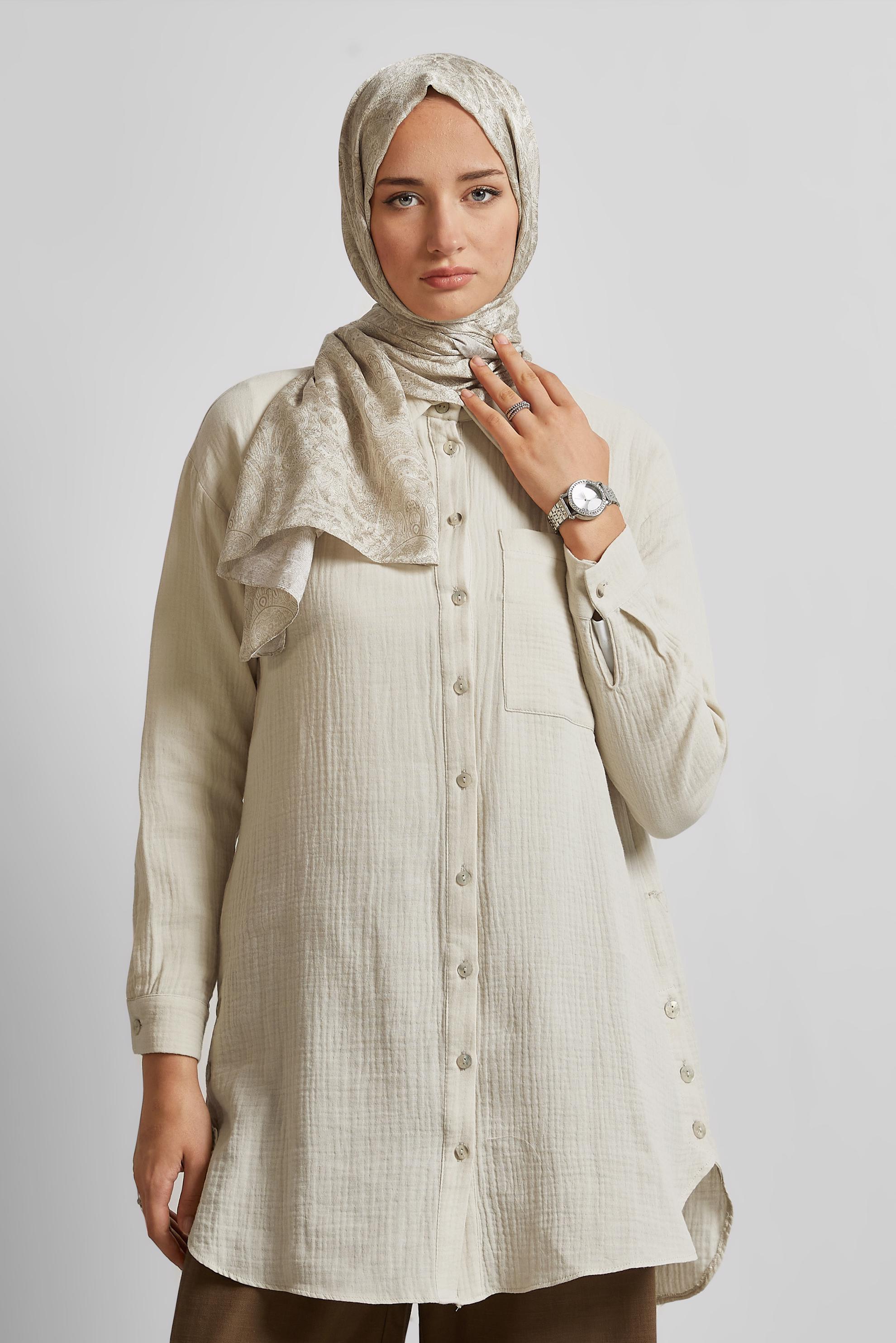 Tesettür giyim EKRU PAMUKLU MÜSLİN TUNİK 45654