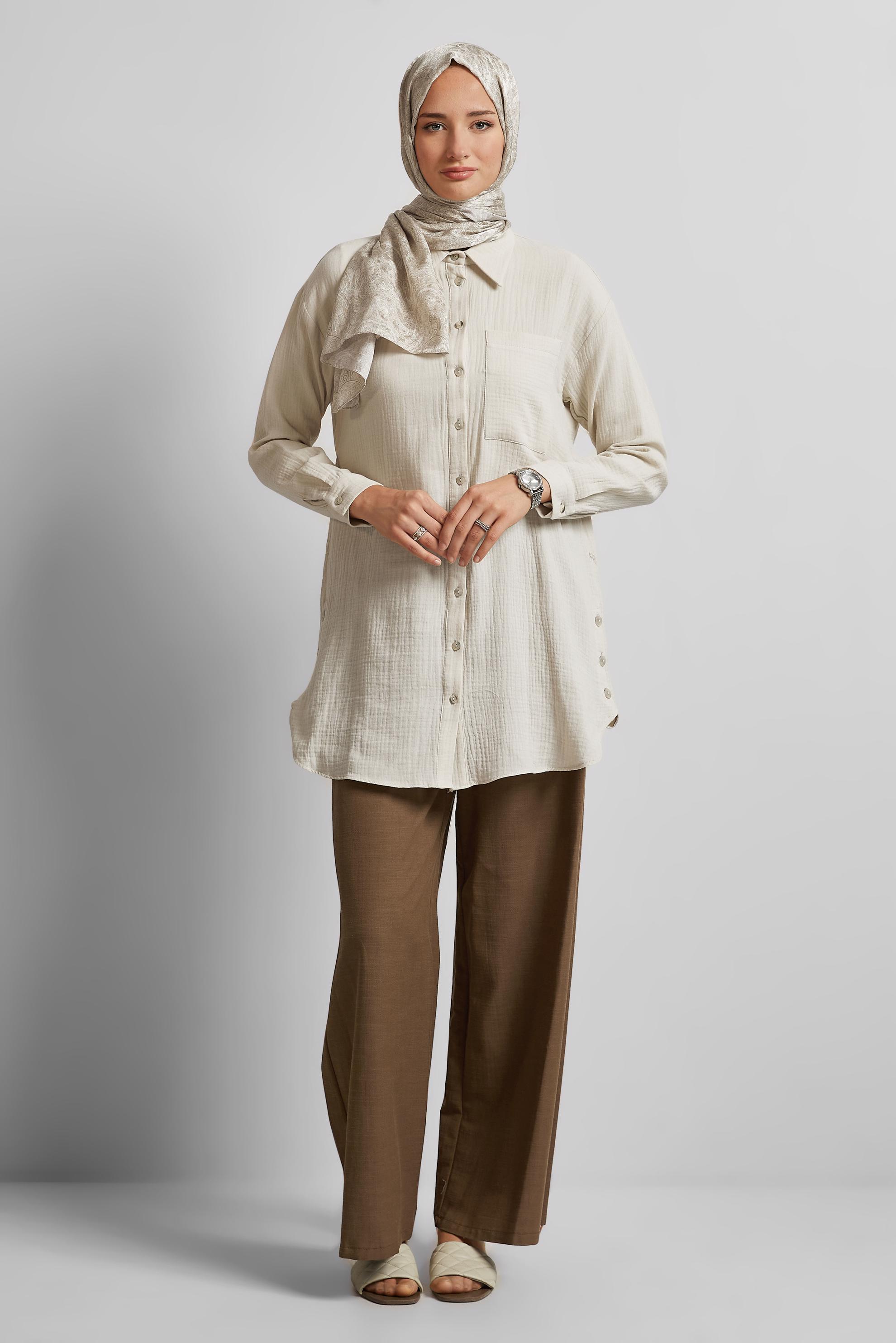 Tesettür giyim EKRU PAMUKLU MÜSLİN TUNİK 45654