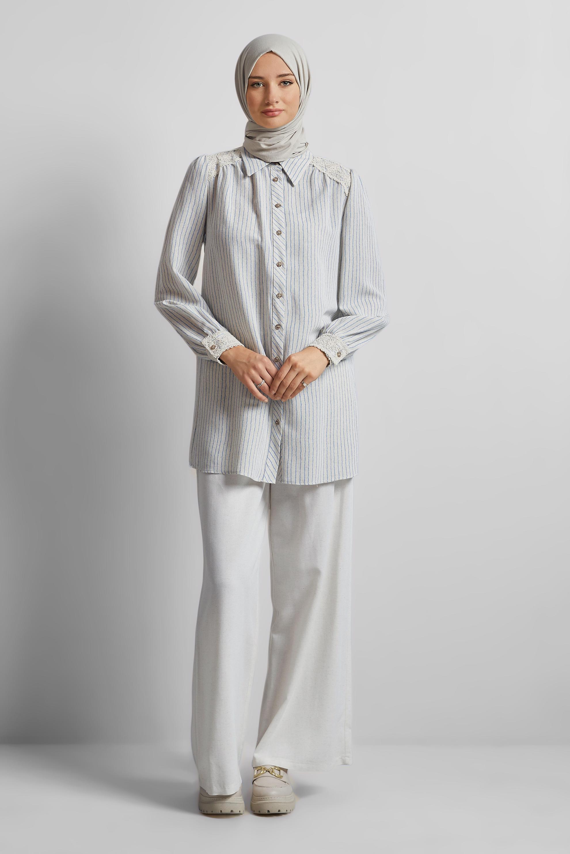 Tesettür giyim MAVİ ÇİZGİLİ KETEN TUNİK 45657