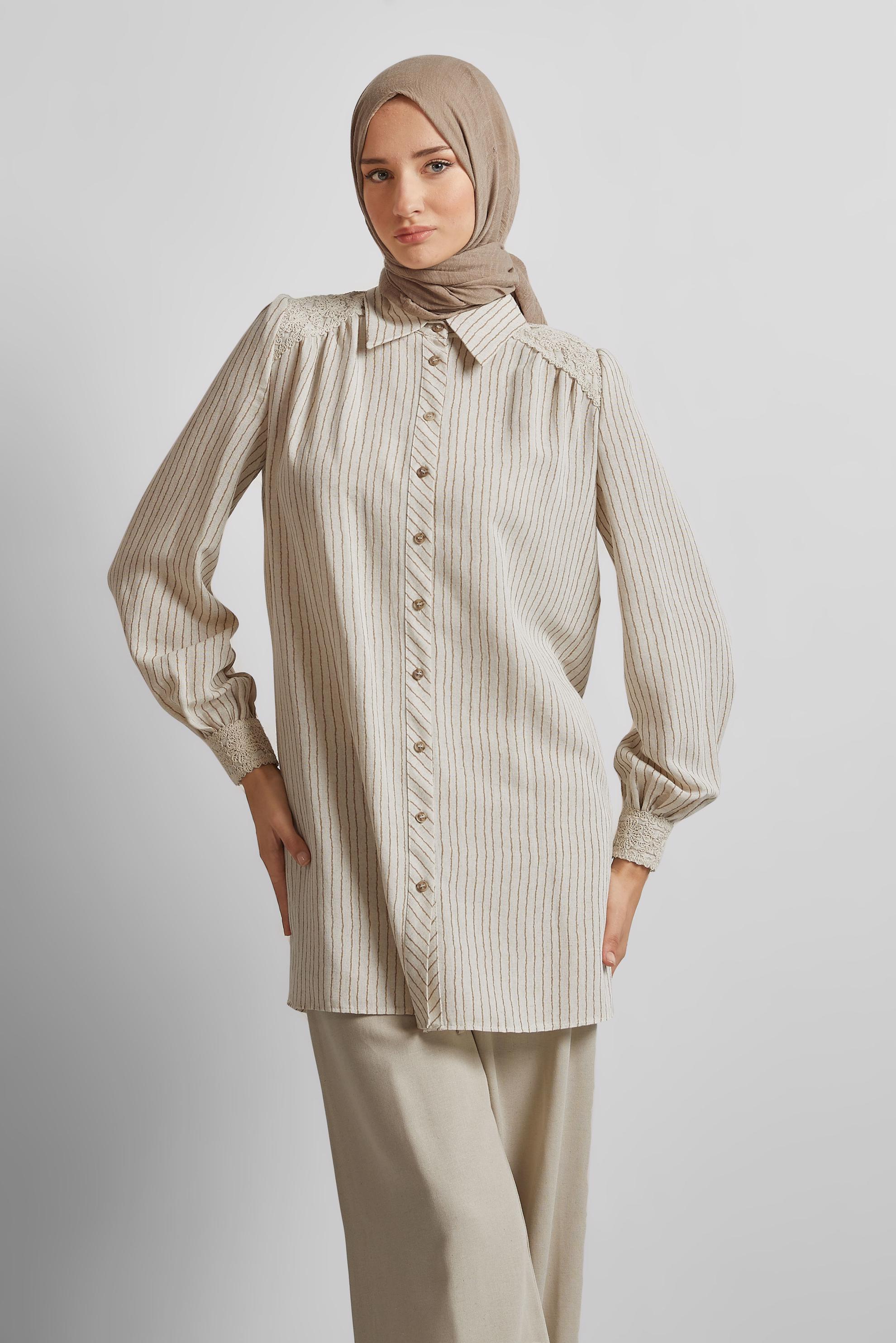 Tesettür giyim KAHVE ÇİZGİLİ KETEN TUNİK 45657
