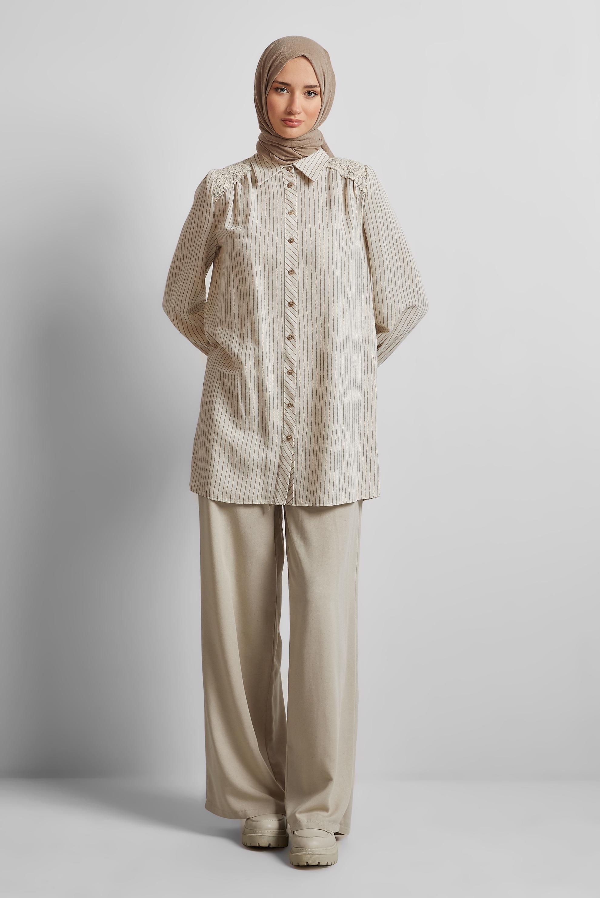 Tesettür giyim KAHVE ÇİZGİLİ KETEN TUNİK 45657