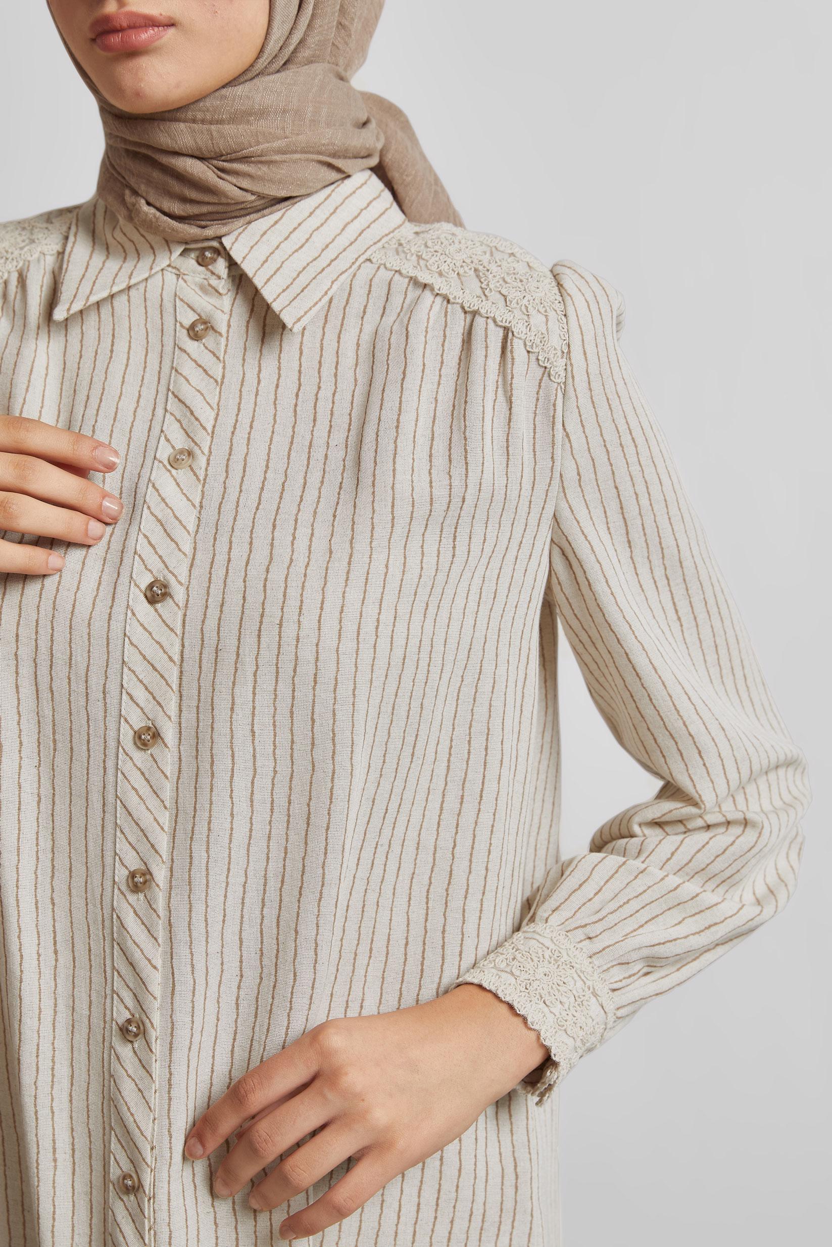 Tesettür giyim KAHVE ÇİZGİLİ KETEN TUNİK 45657