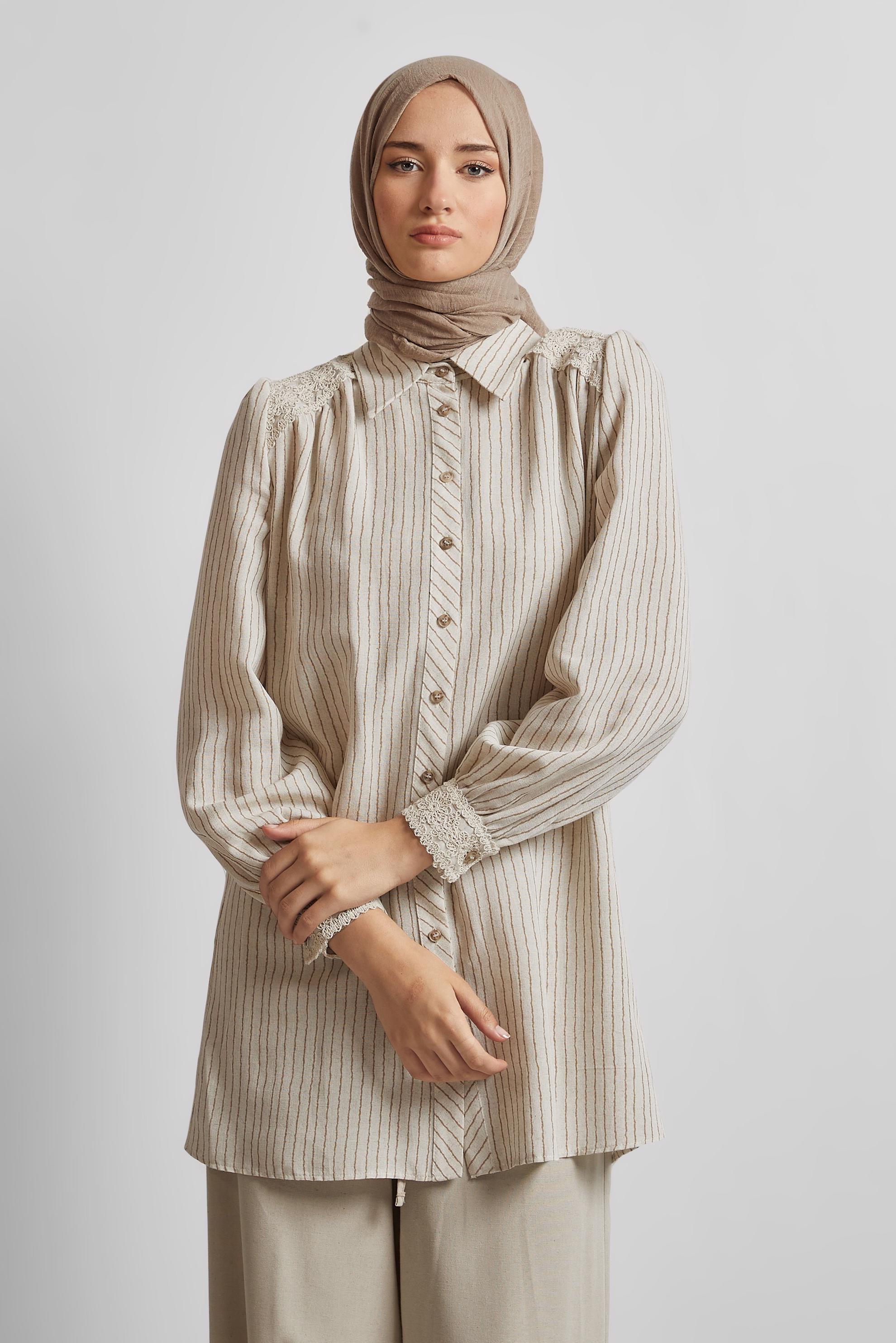 Tesettür giyim KAHVE ÇİZGİLİ KETEN TUNİK 45657