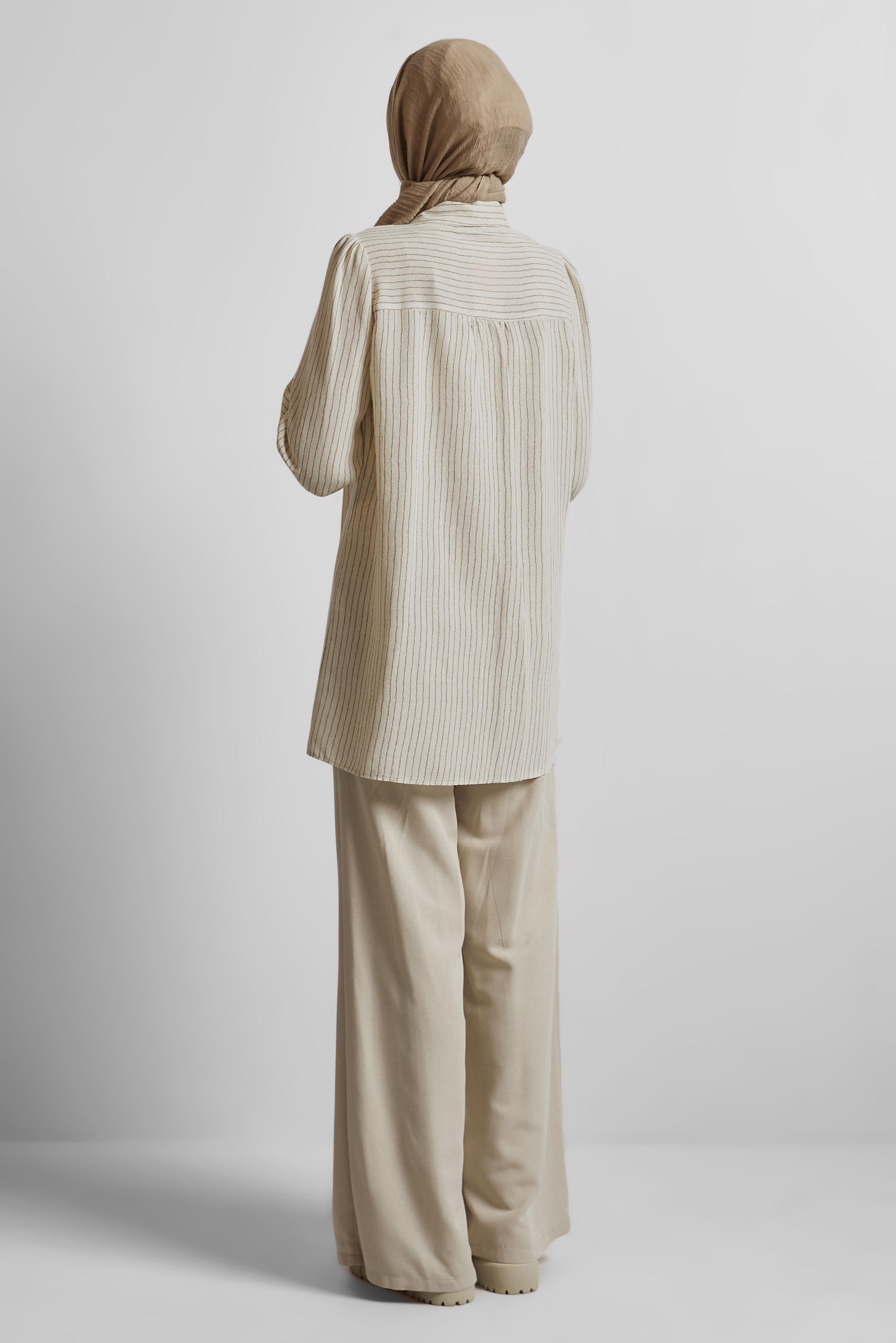 Tesettür giyim KAHVE ÇİZGİLİ KETEN TUNİK 45657