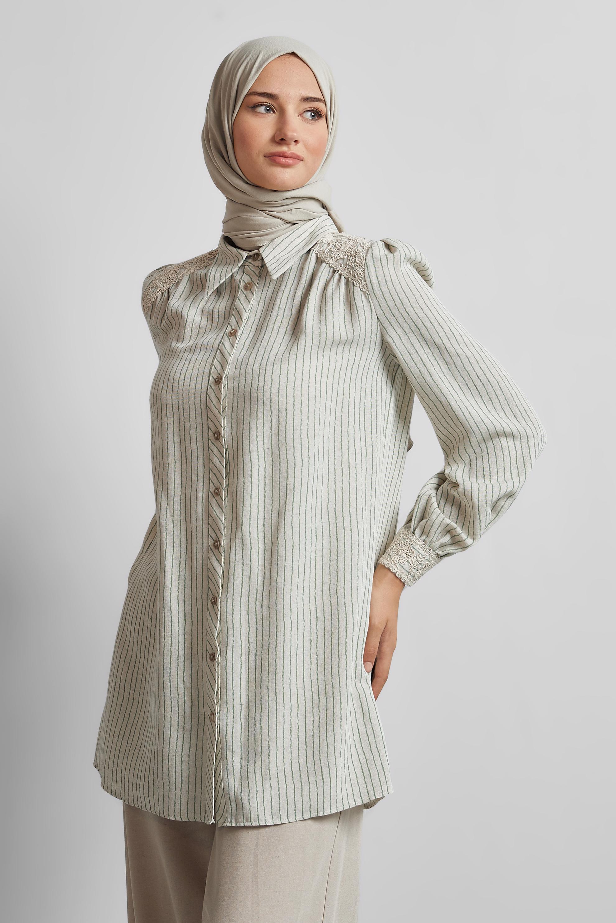 Tesettür giyim YEŞİL ÇİZGİLİ KETEN TUNİK 45657