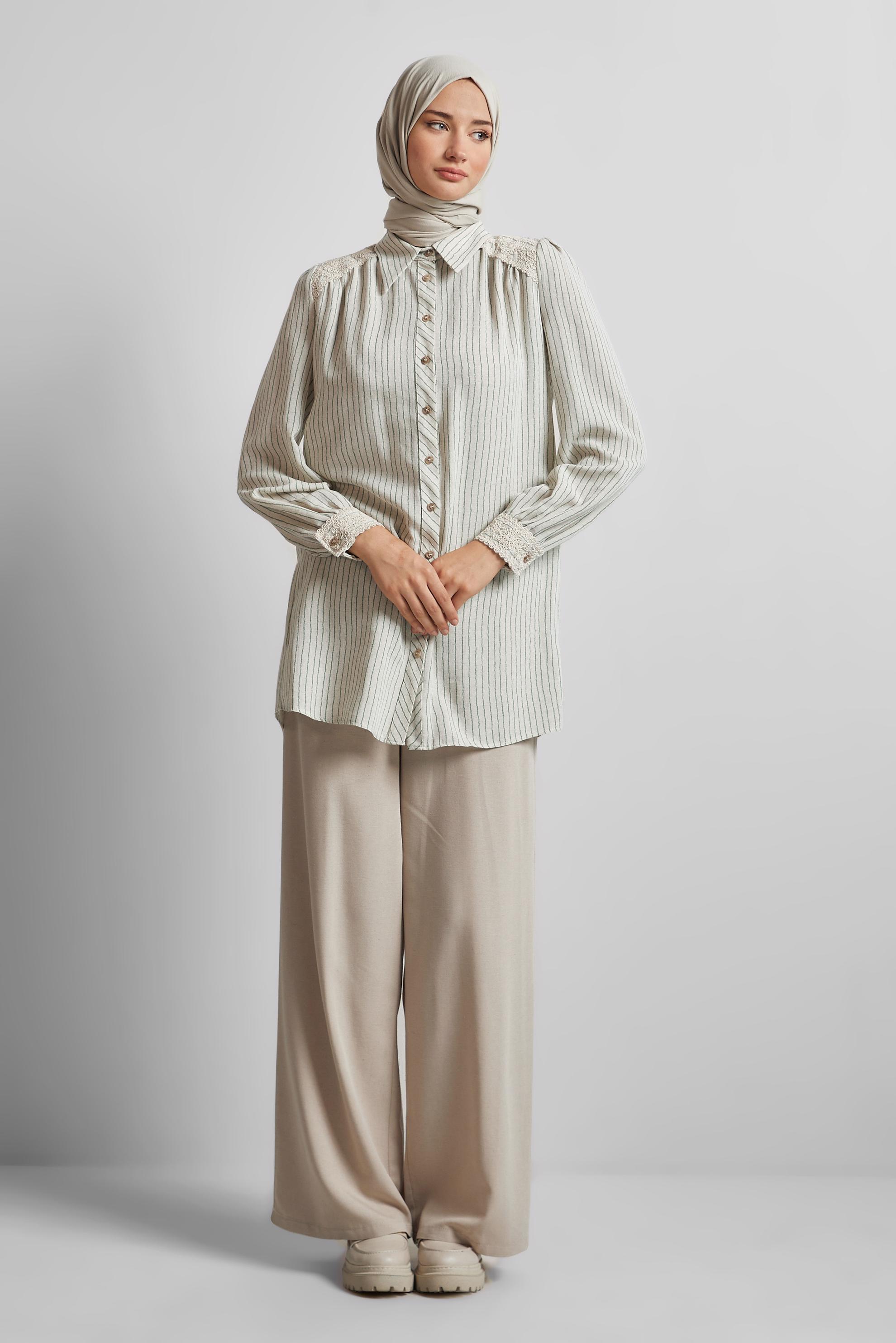 Tesettür giyim YEŞİL ÇİZGİLİ KETEN TUNİK 45657