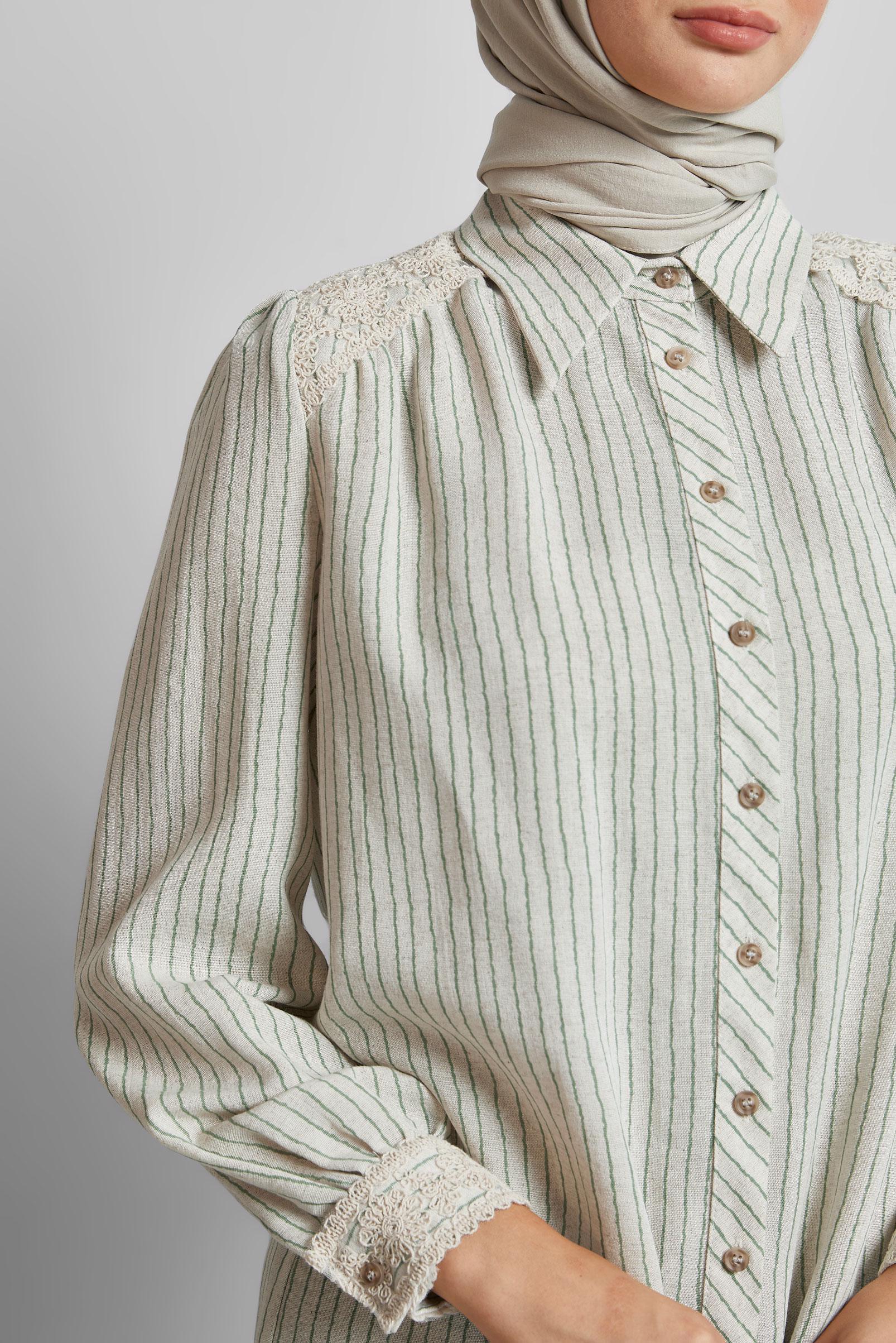 Tesettür giyim YEŞİL ÇİZGİLİ KETEN TUNİK 45657