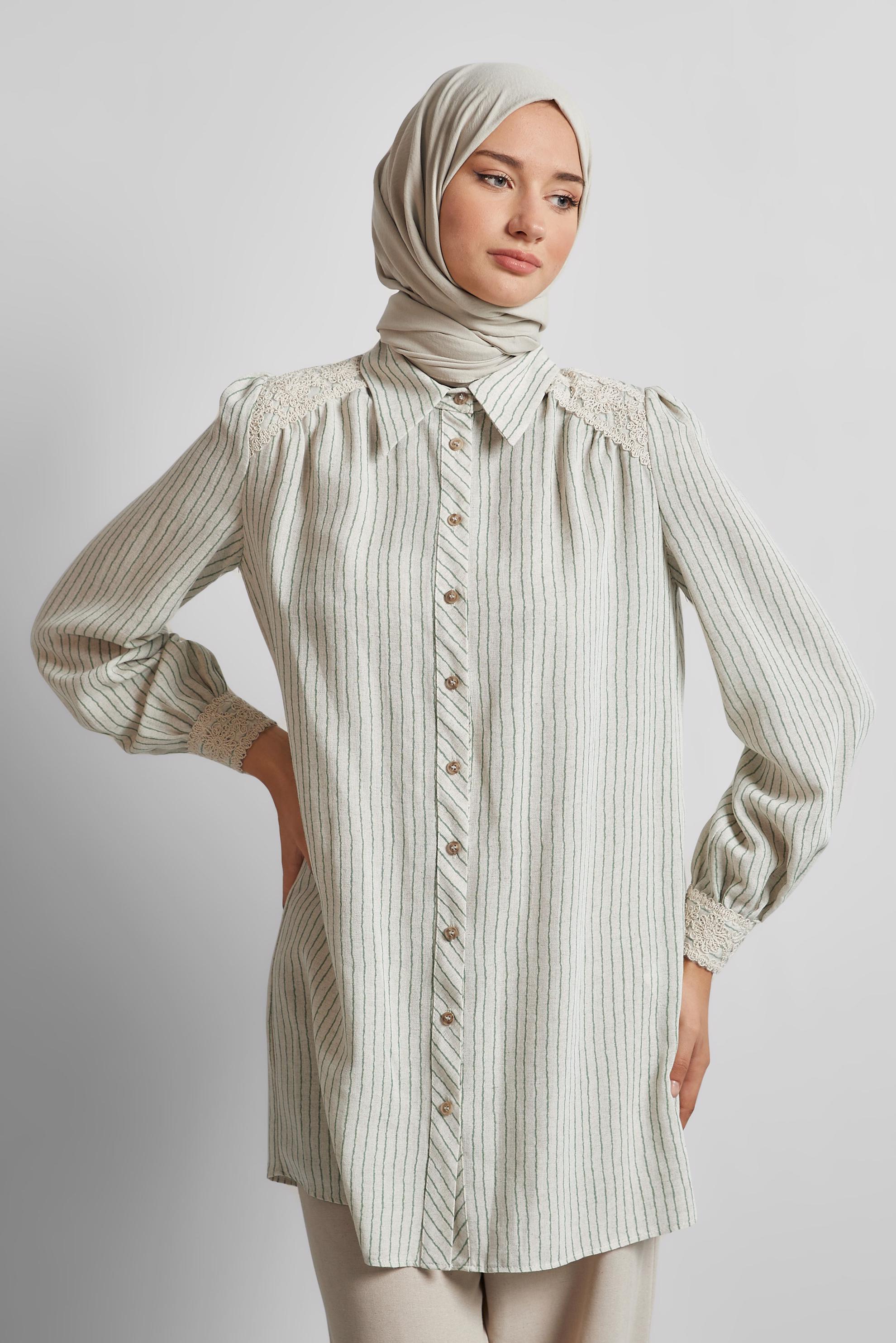 Tesettür giyim YEŞİL ÇİZGİLİ KETEN TUNİK 45657