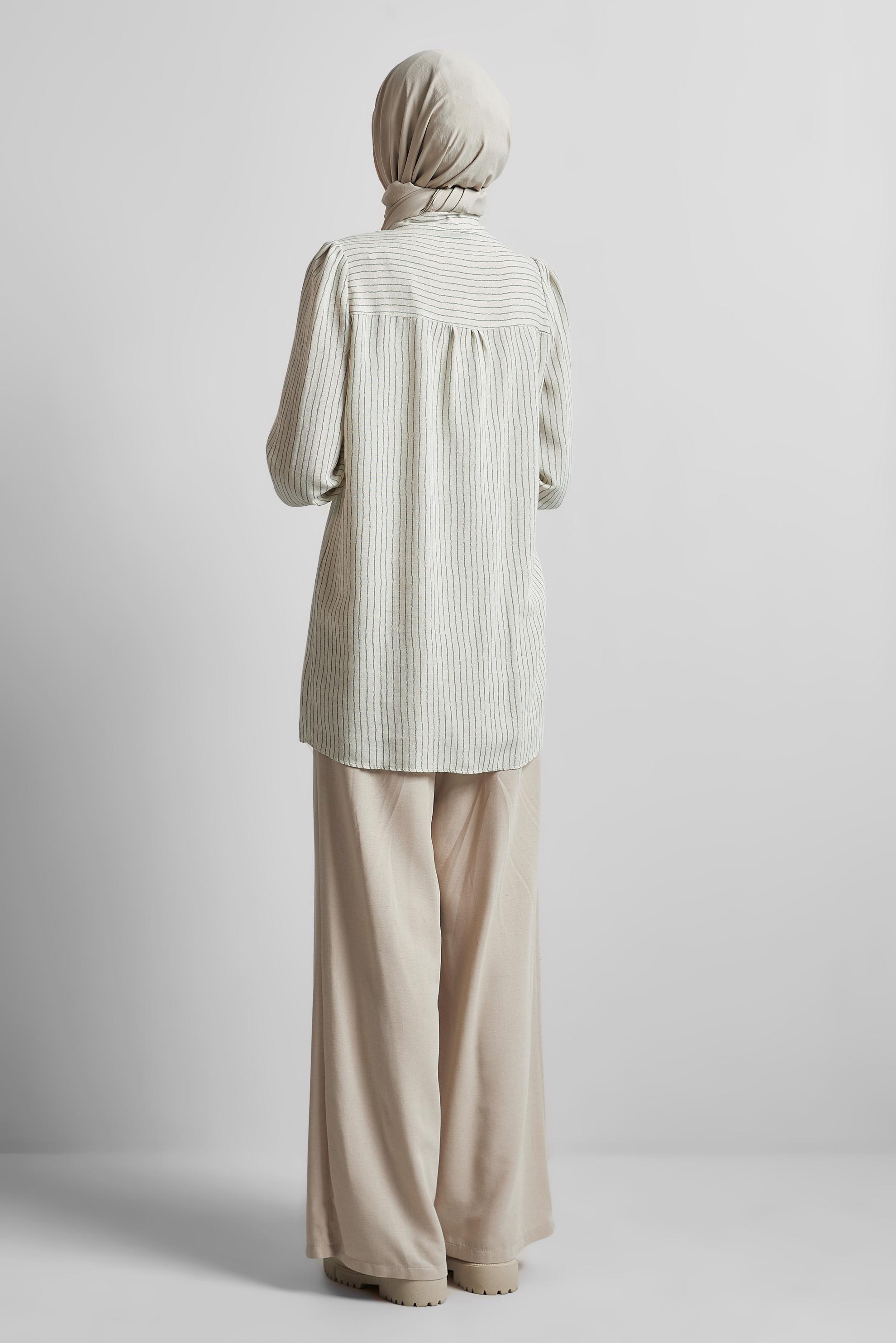 Tesettür giyim YEŞİL ÇİZGİLİ KETEN TUNİK 45657