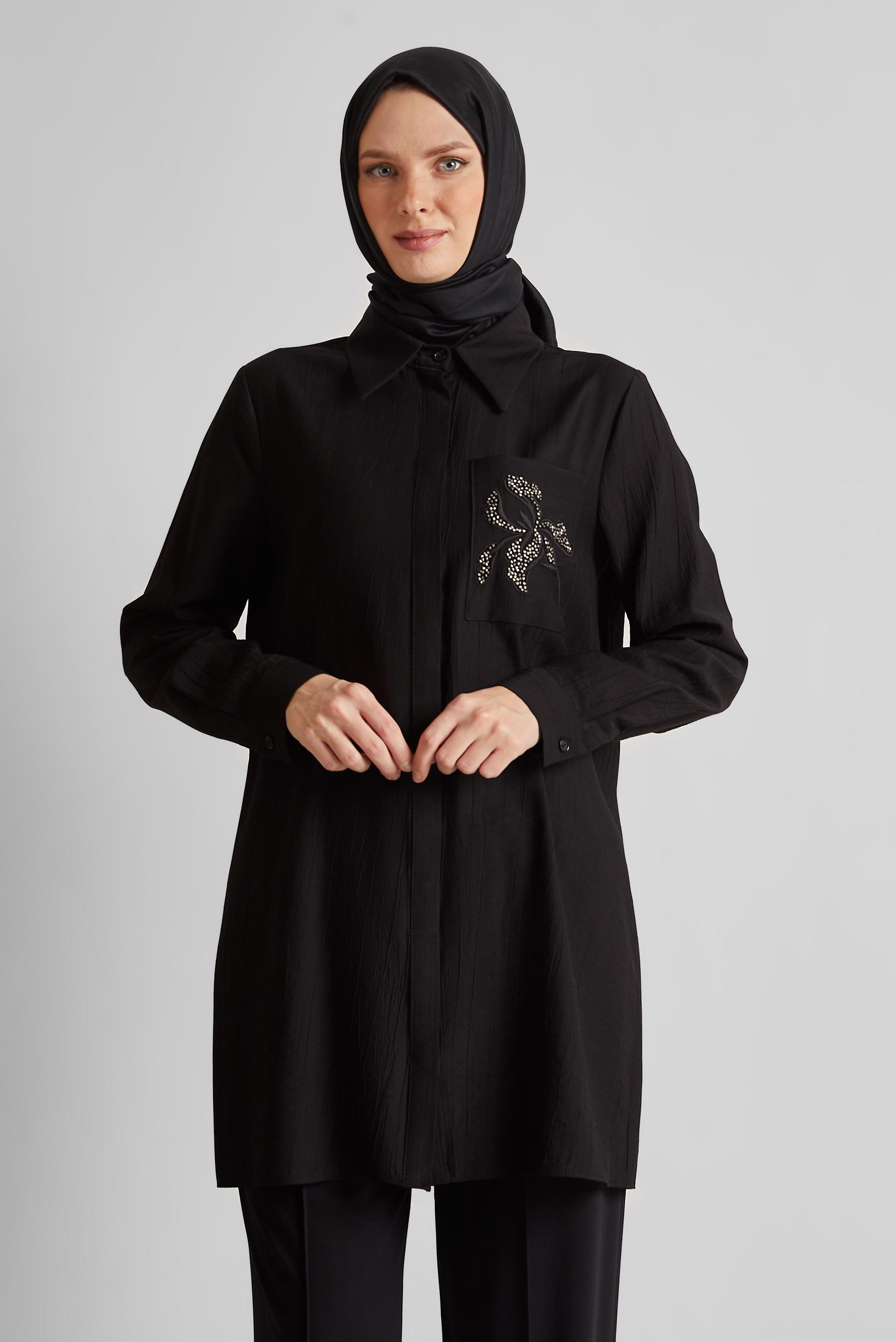 Tesettür giyim SİYAH NAKIŞ DETAYLI TUNİK 45672