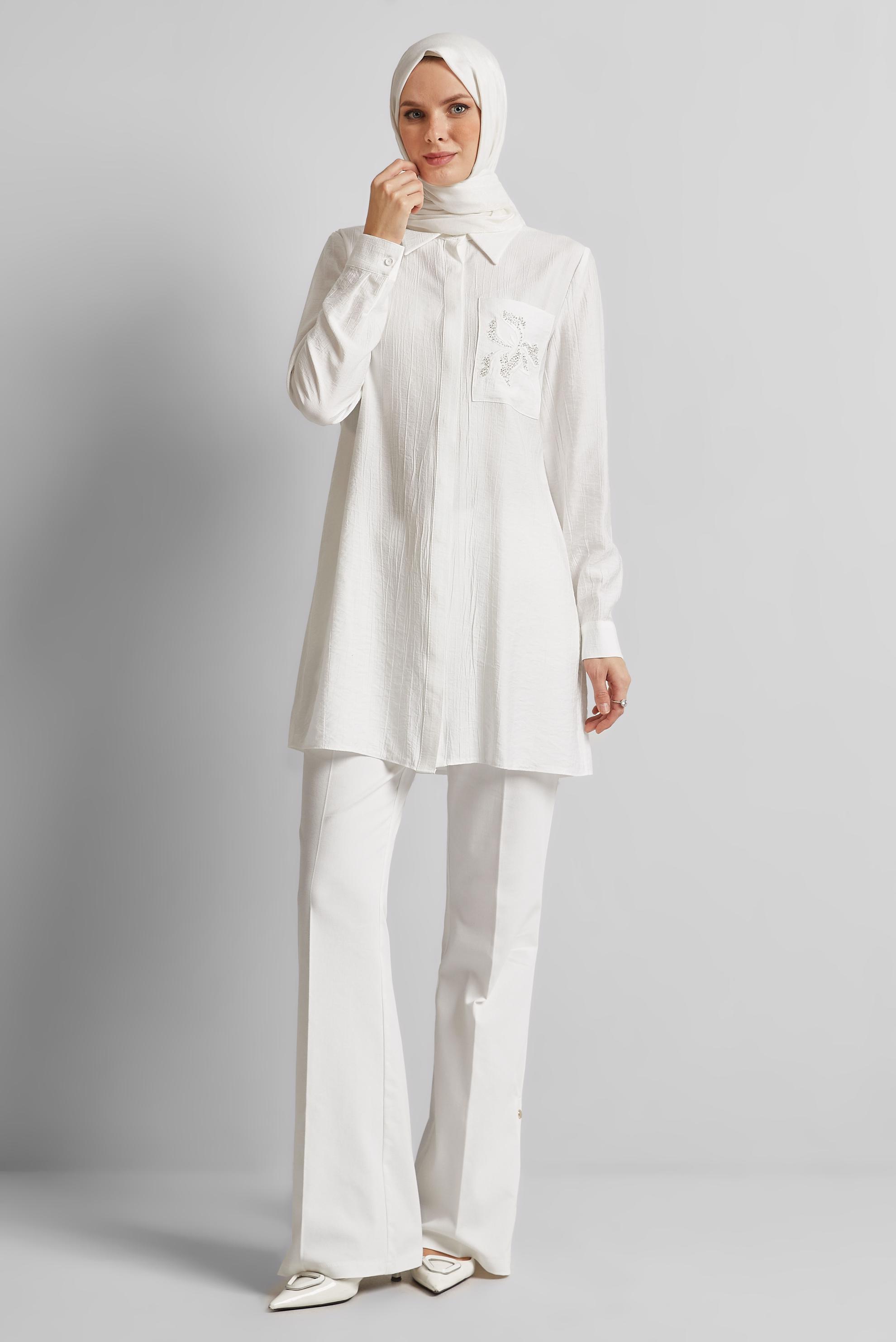 Tesettür giyim BEYAZ NAKIŞ DETAYLI TUNİK 45672