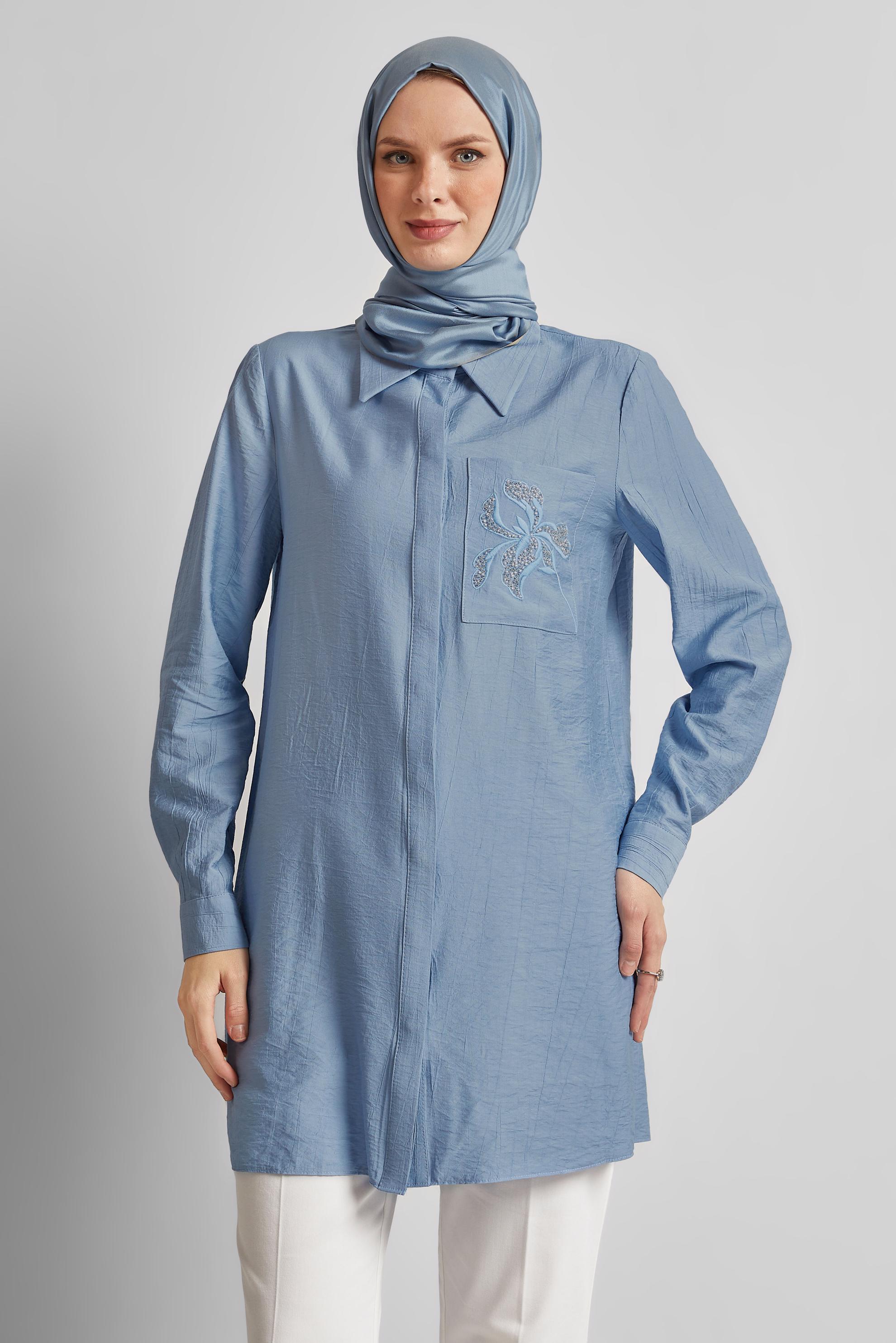 Tesettür giyim MAVİ NAKIŞ DETAYLI TUNİK 45672