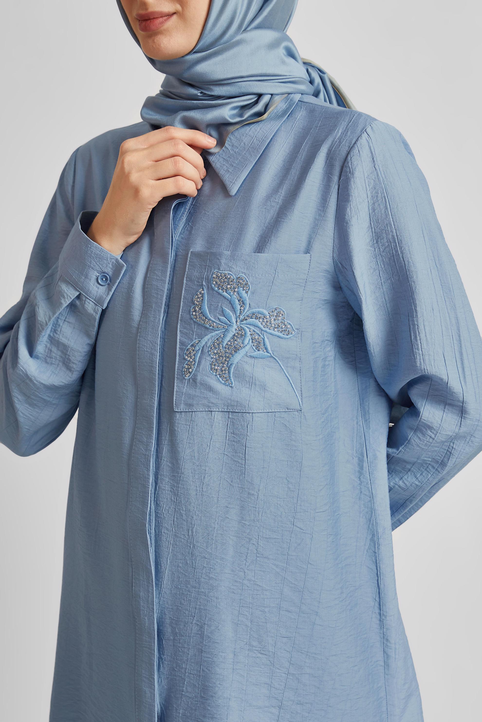 Tesettür giyim MAVİ NAKIŞ DETAYLI TUNİK 45672