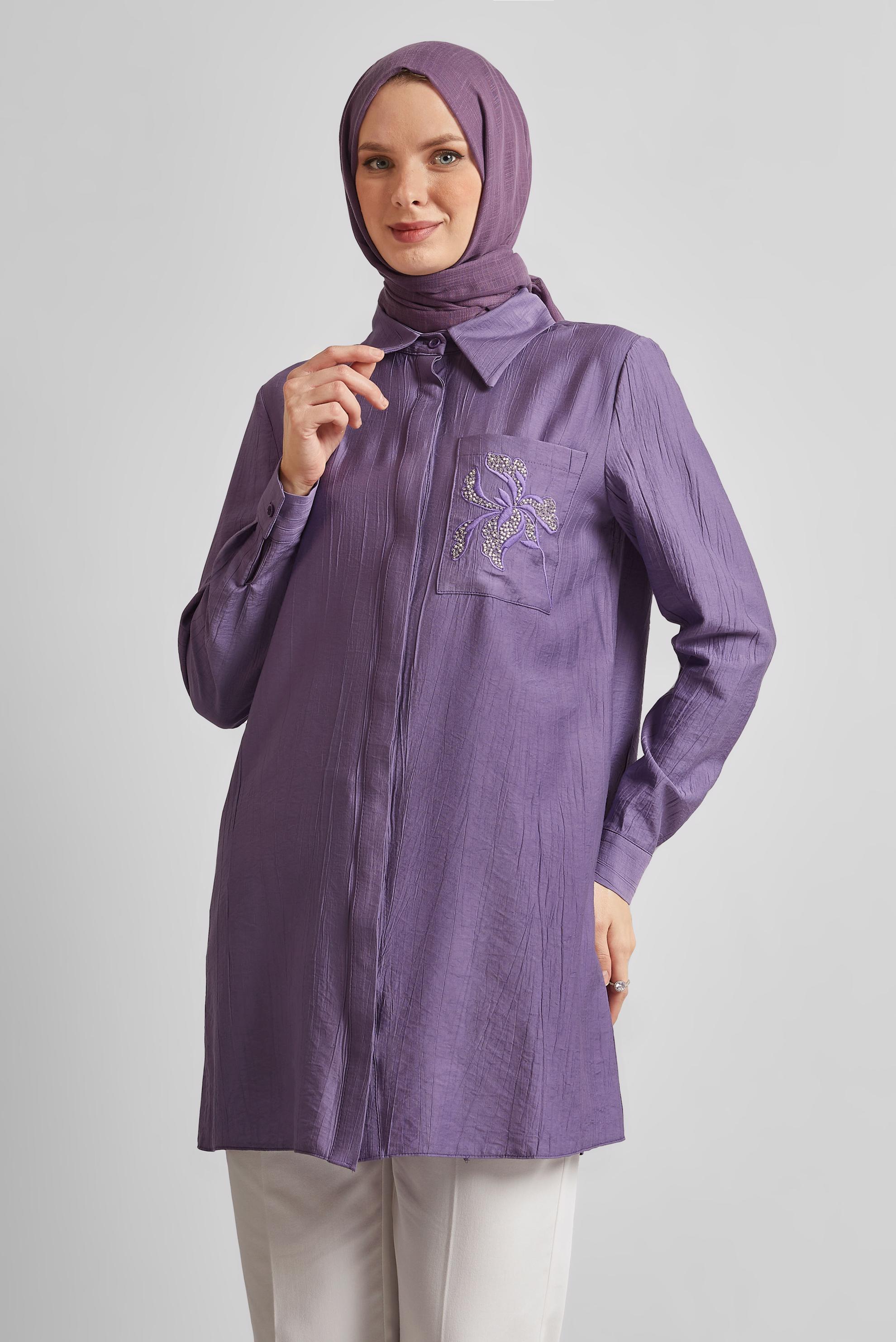 Tesettür giyim MOR NAKIŞ DETAYLI TUNİK 45672