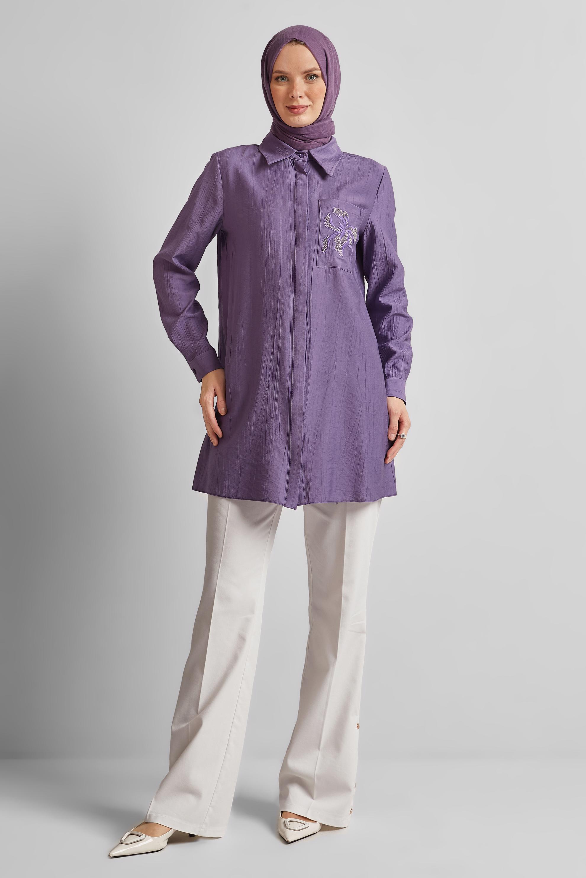 Tesettür giyim MOR NAKIŞ DETAYLI TUNİK 45672