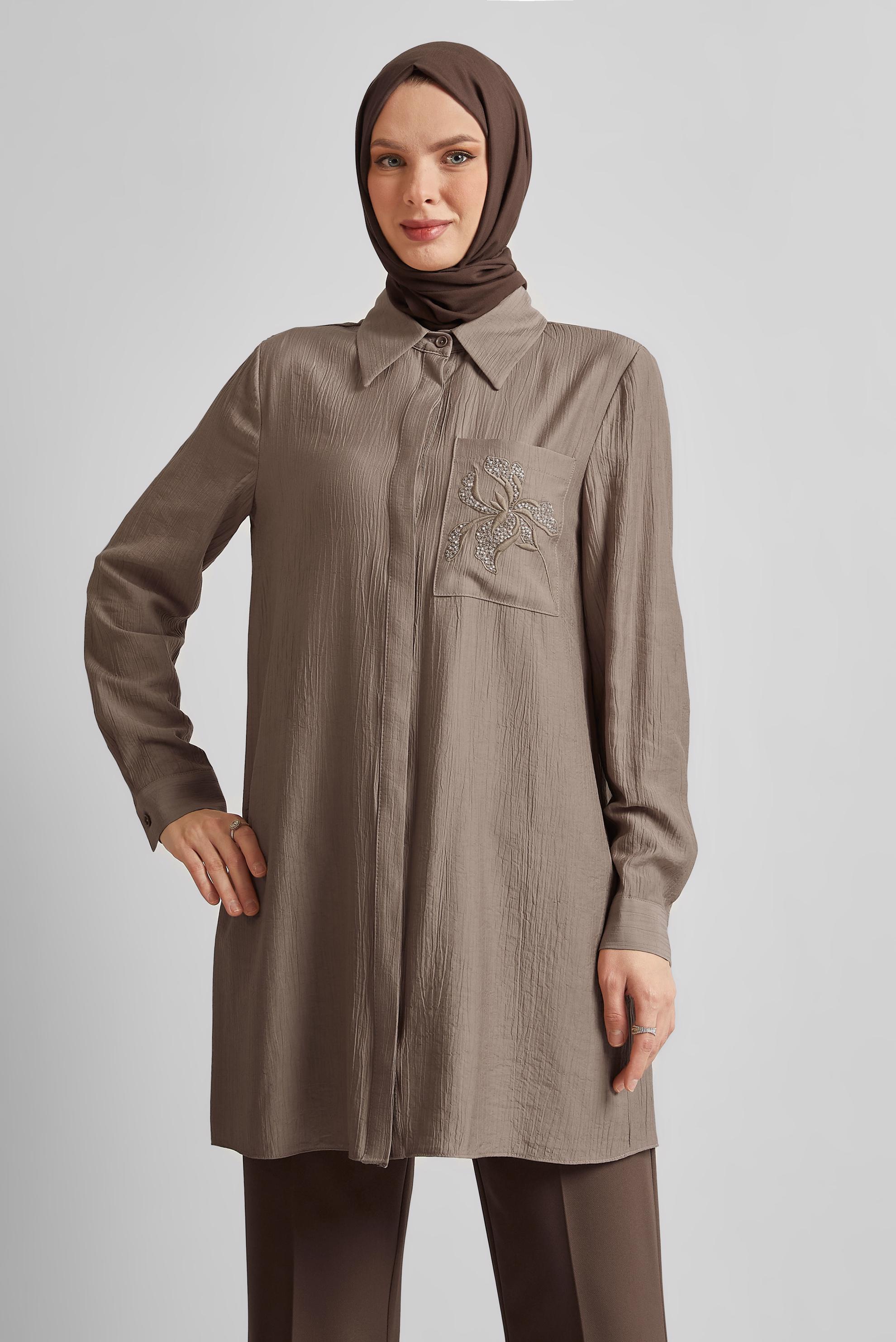 Tesettür giyim VİZON NAKIŞ DETAYLI TUNİK 45672