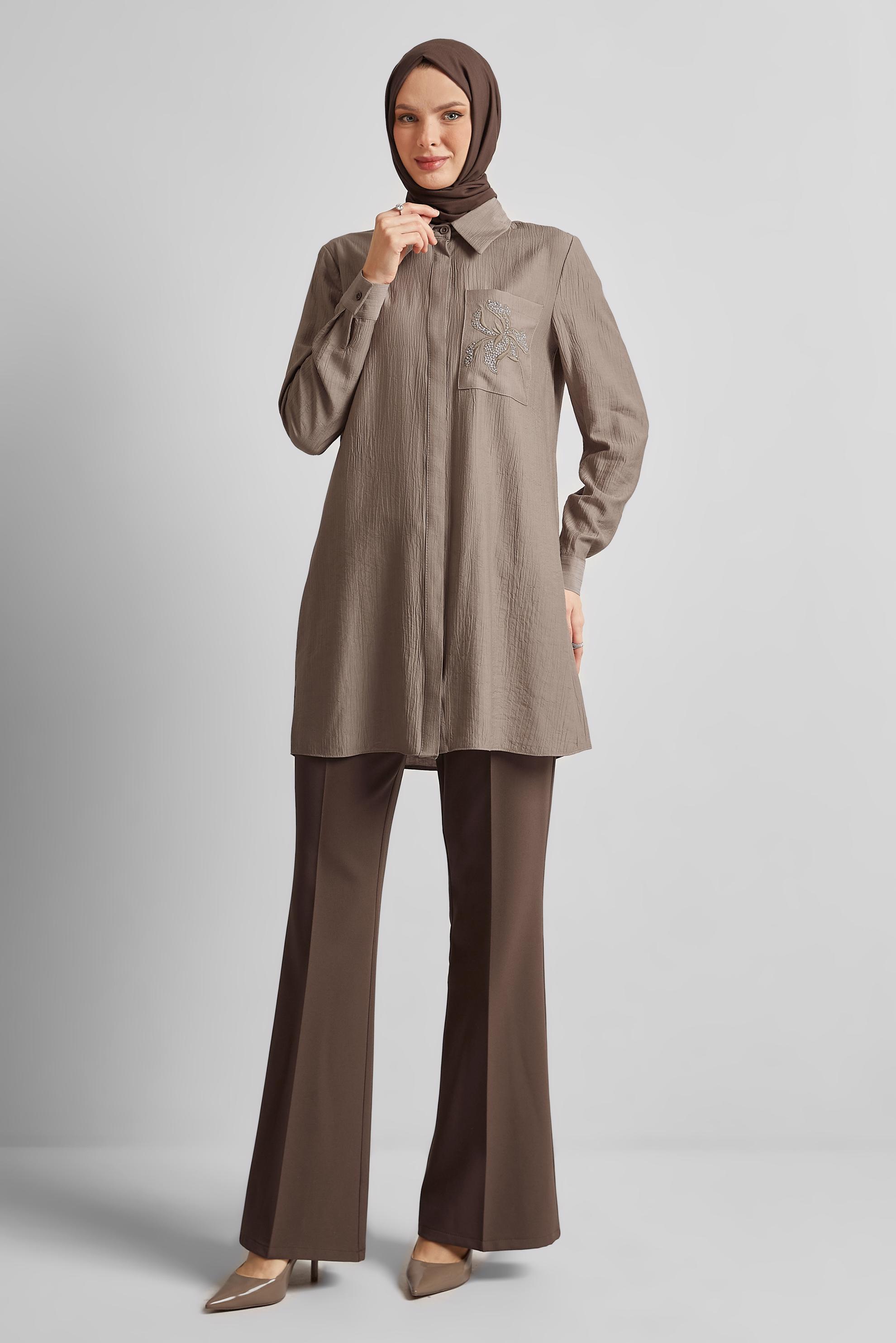 Tesettür giyim VİZON NAKIŞ DETAYLI TUNİK 45672