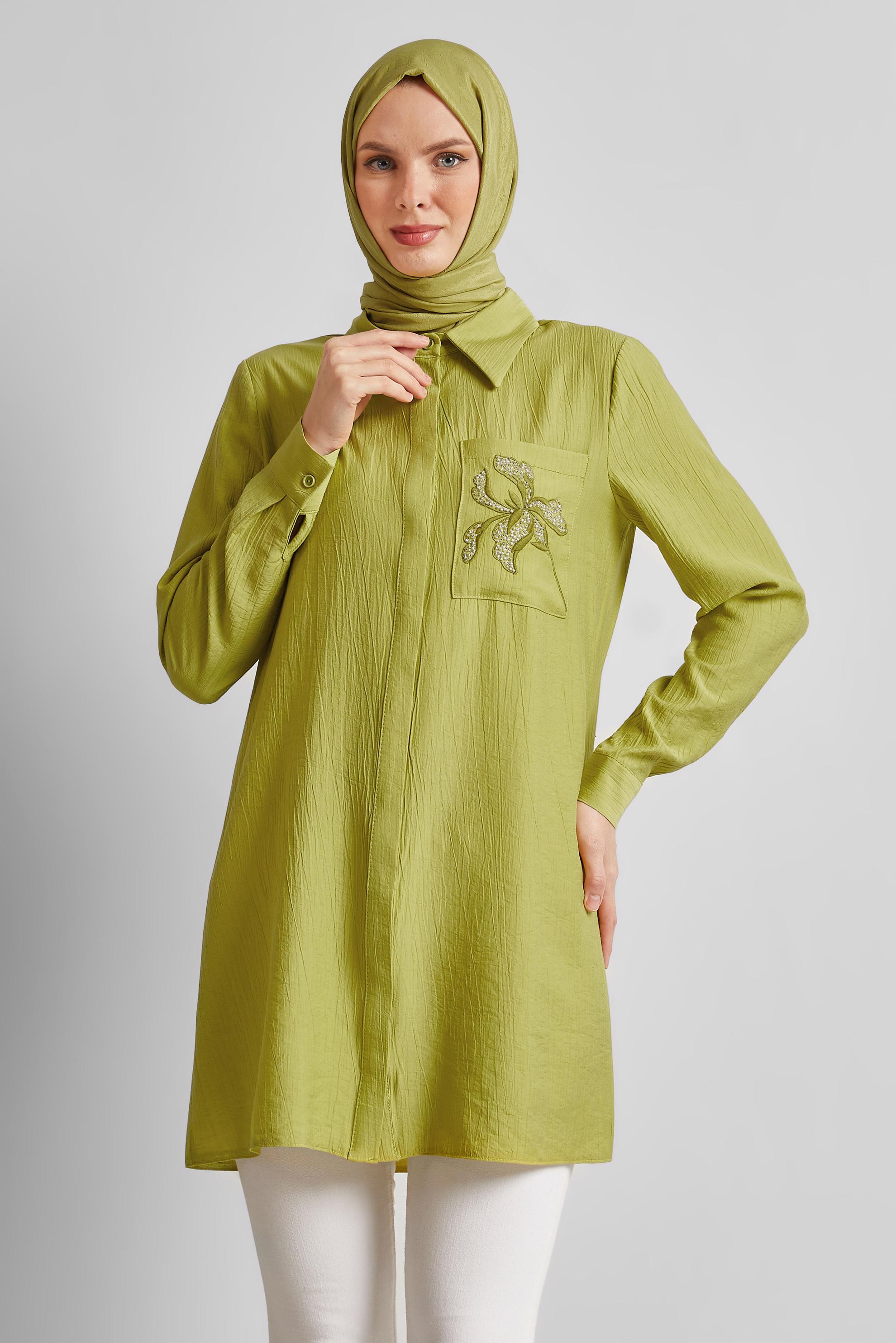 Tesettür giyim YEŞİL NAKIŞ DETAYLI TUNİK 45672