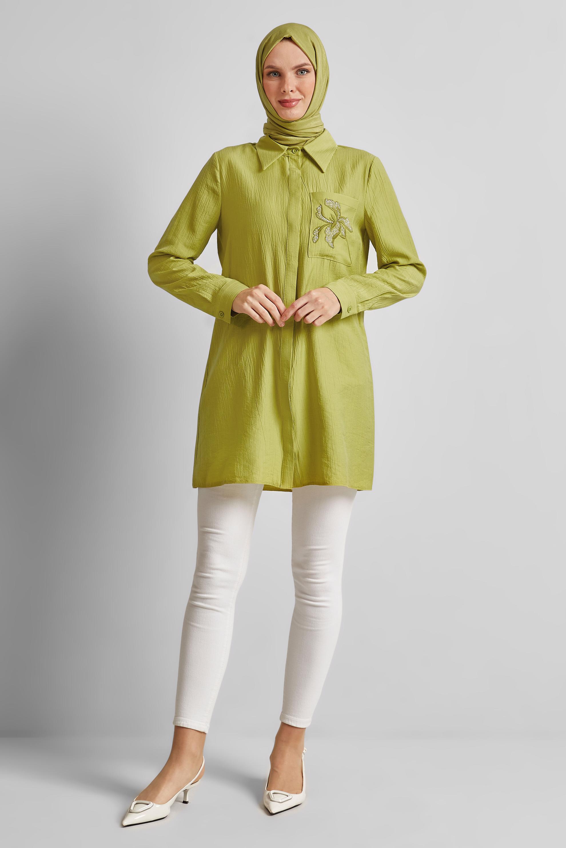 Tesettür giyim YEŞİL NAKIŞ DETAYLI TUNİK 45672