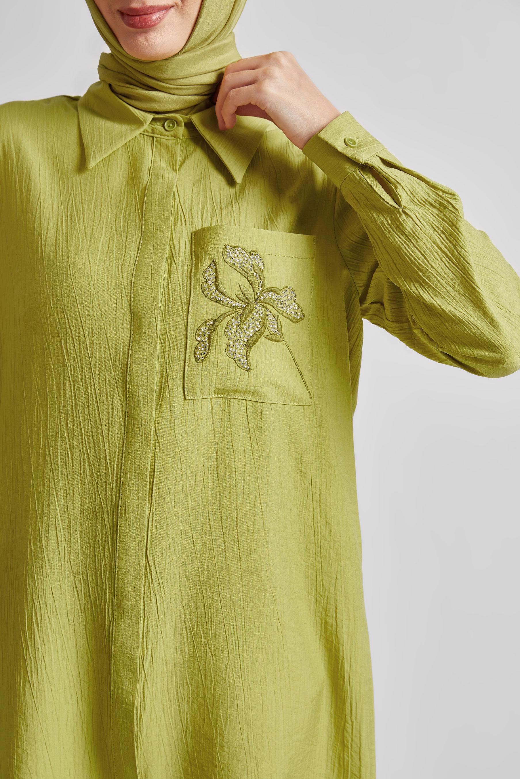 Tesettür giyim YEŞİL NAKIŞ DETAYLI TUNİK 45672