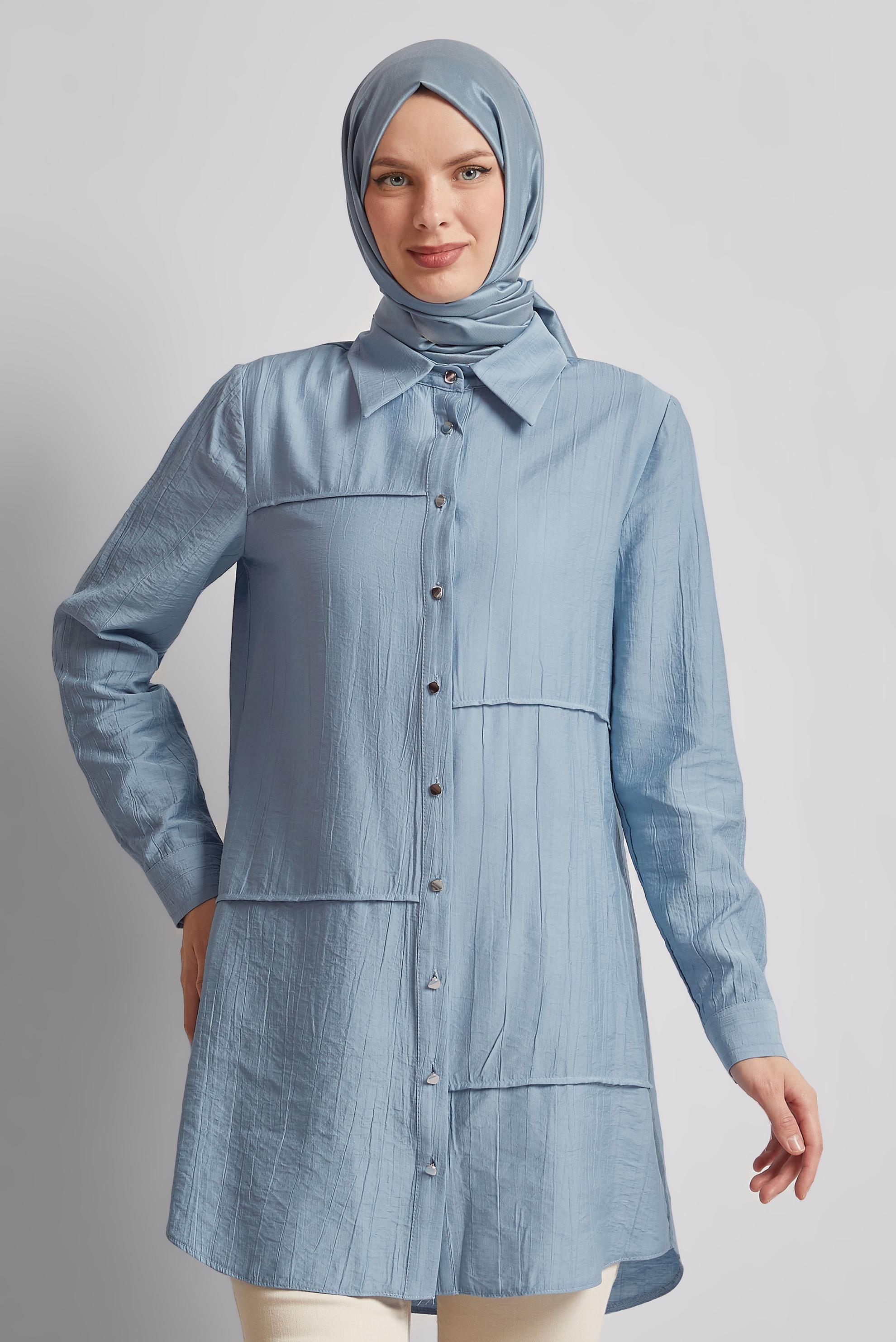 Tesettür giyim MAVİ GÖMLEK YAKA TUNİK 45676