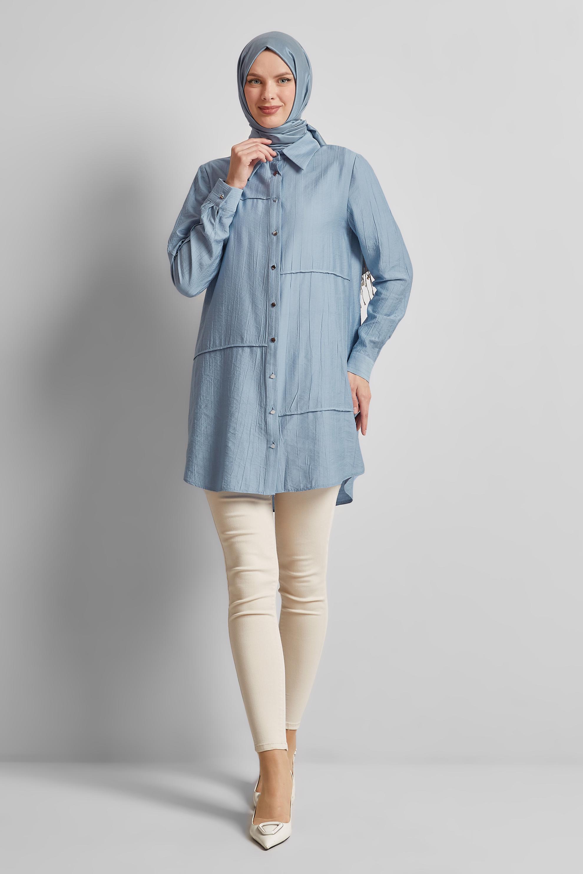 Tesettür giyim MAVİ GÖMLEK YAKA TUNİK 45676