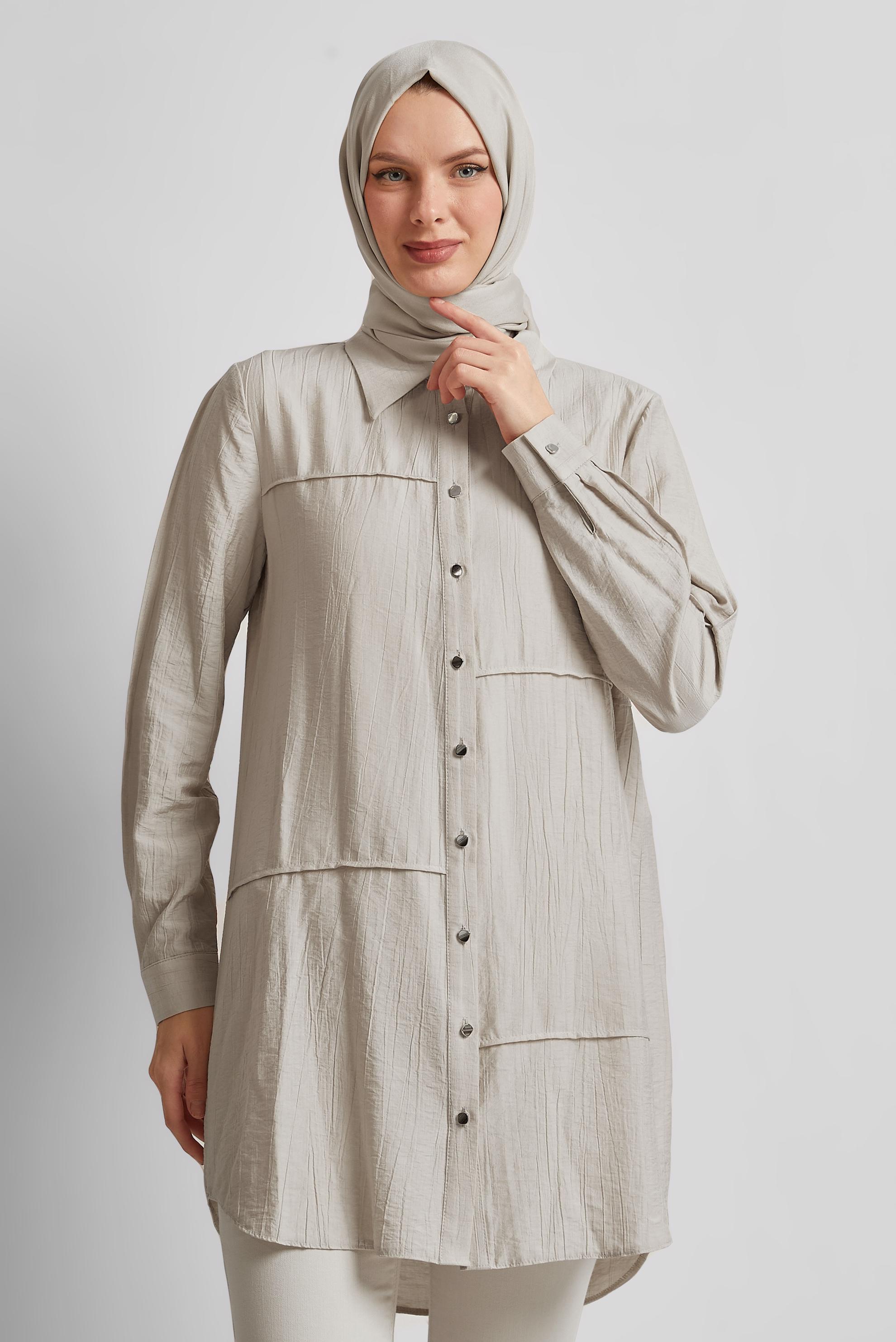 Tesettür giyim BEJ GÖMLEK YAKA TUNİK 45676