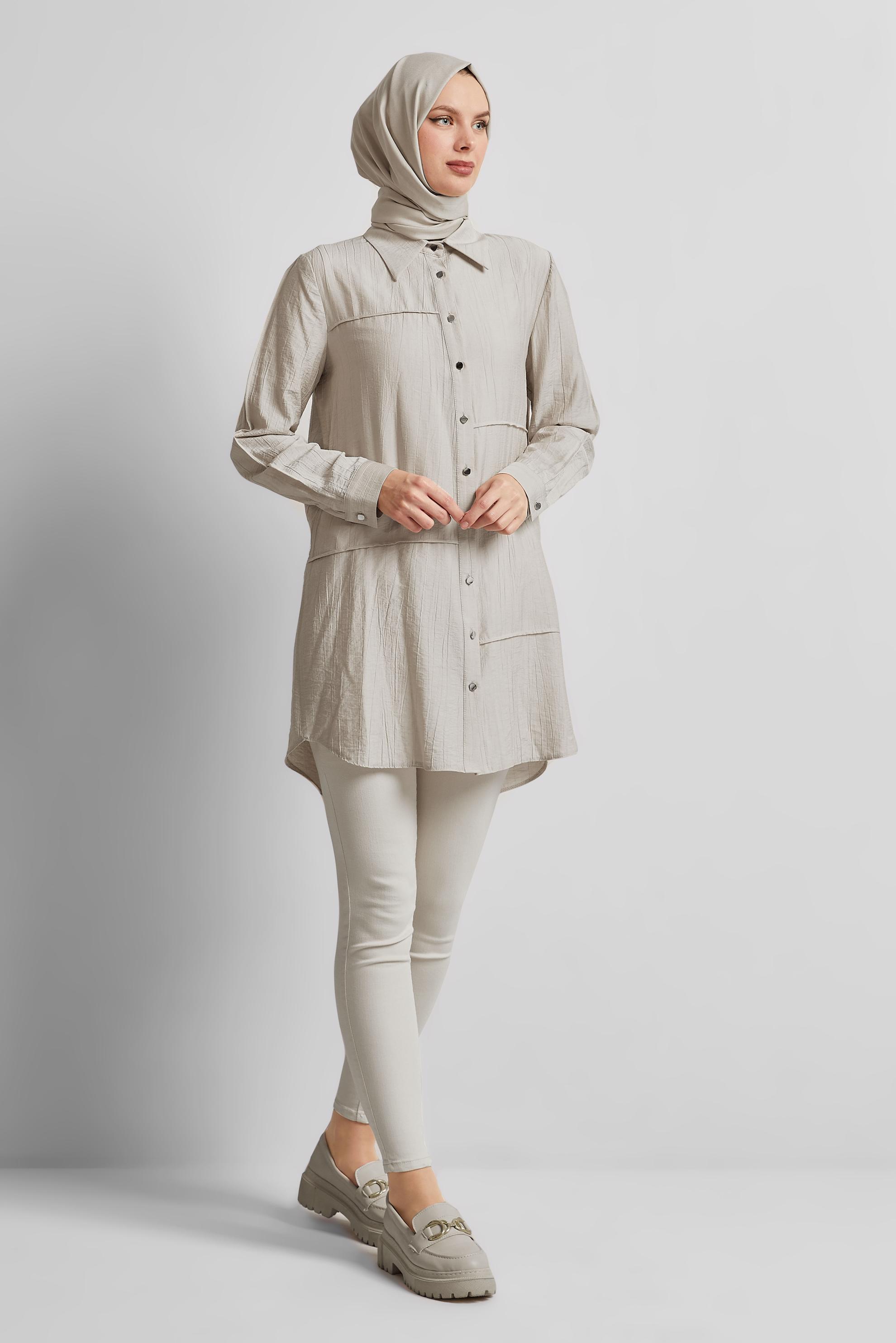 Tesettür giyim BEJ GÖMLEK YAKA TUNİK 45676