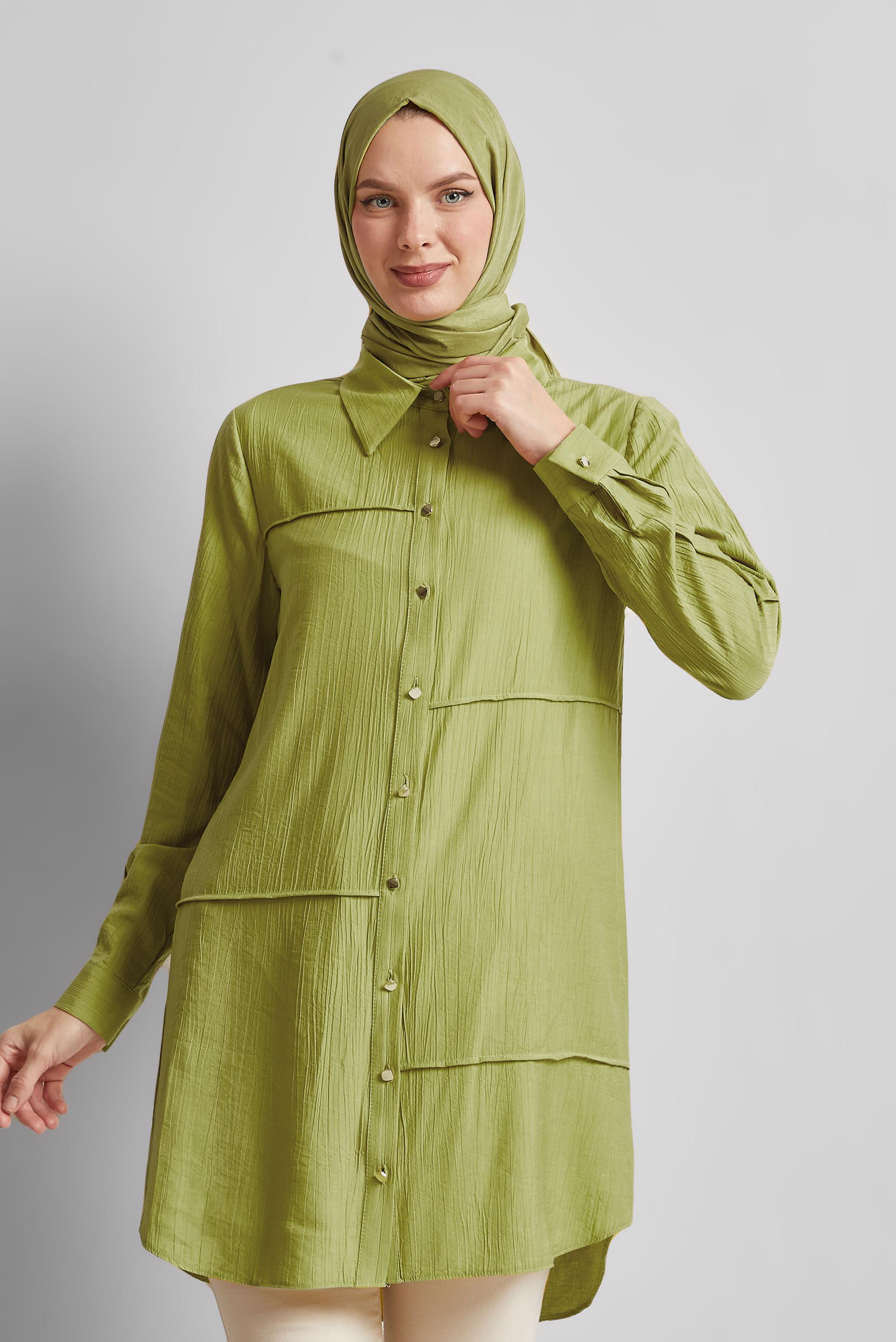 Tesettür giyim YEŞİL GÖMLEK YAKA TUNİK 45676