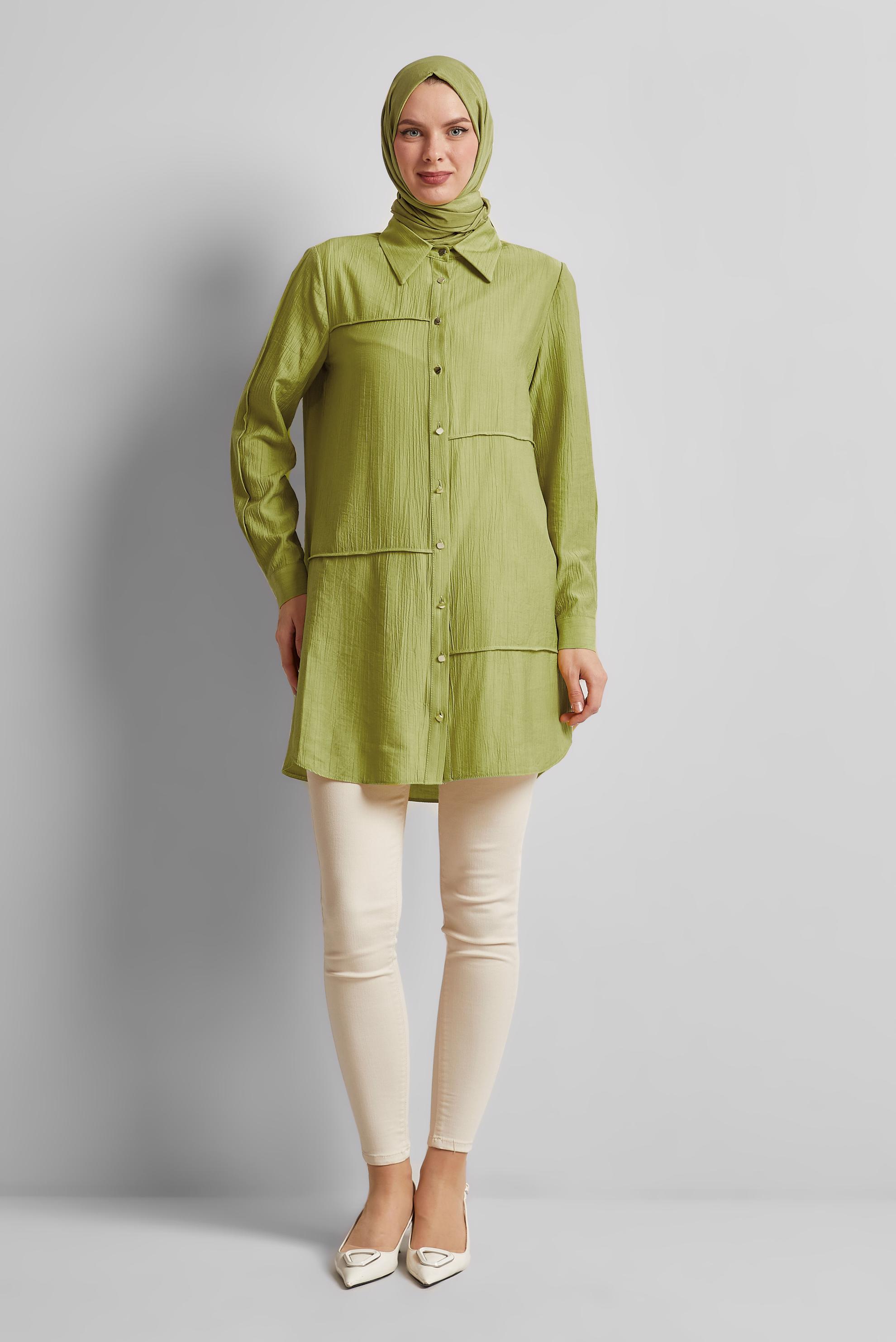 Tesettür giyim YEŞİL GÖMLEK YAKA TUNİK 45676