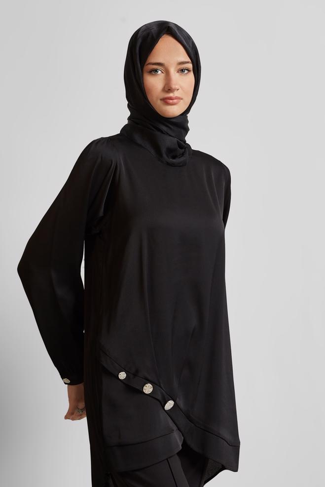 Hijab-Kleidung SCHWARZ ASYMMETRISCH GESCHNITTENE TUNIKA 45679 - ALVİNA