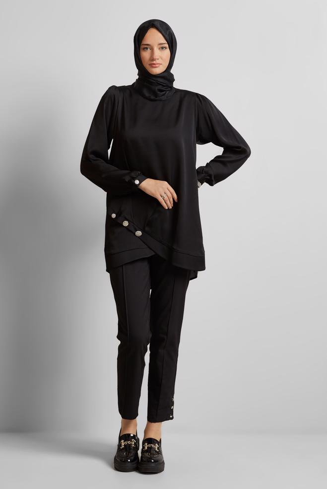 Hijab-Kleidung SCHWARZ ASYMMETRISCH GESCHNITTENE TUNIKA 45679 - ALVİNA