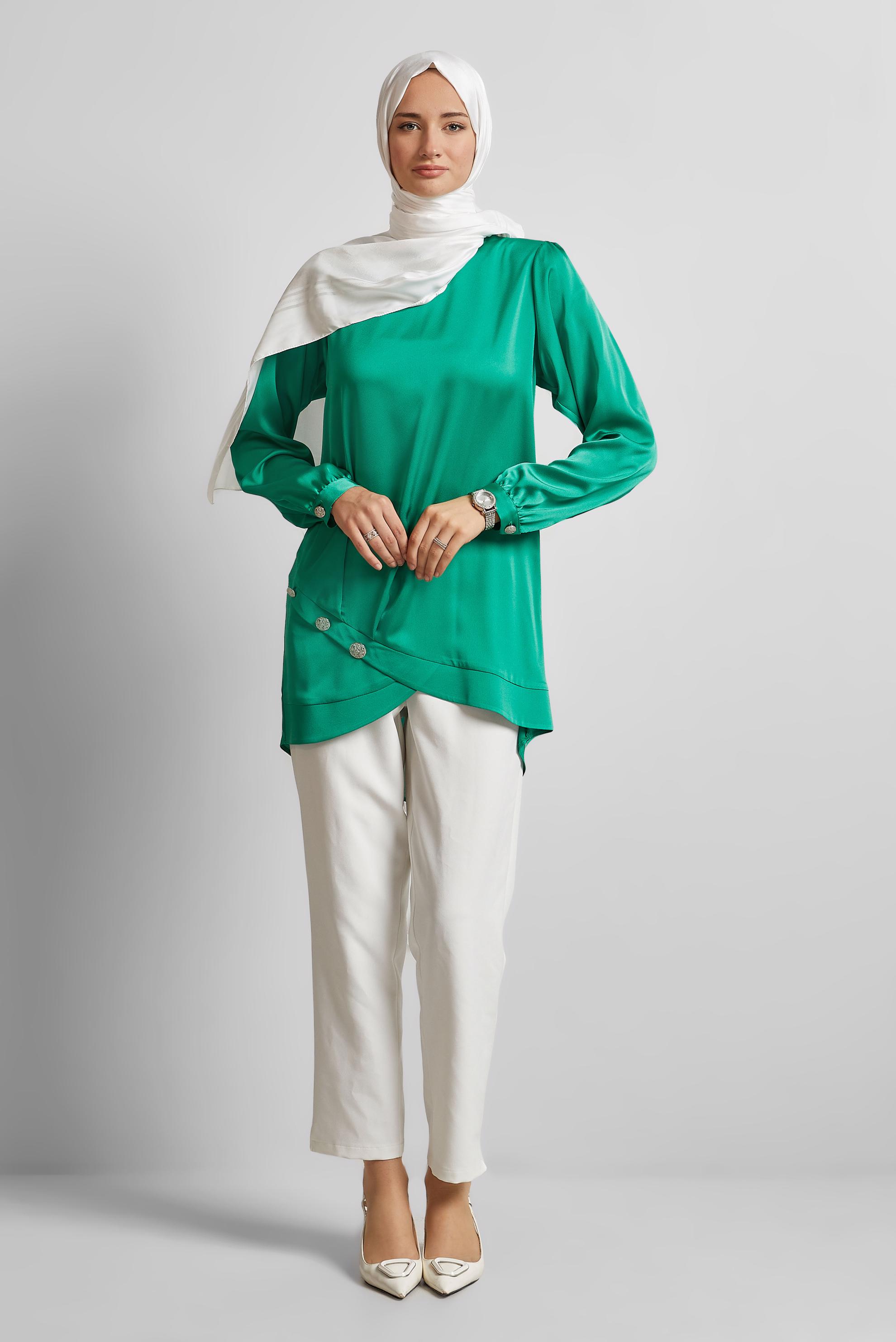 Tesettür giyim YEŞİL ASİMETRİK KESİM TUNİK 45679