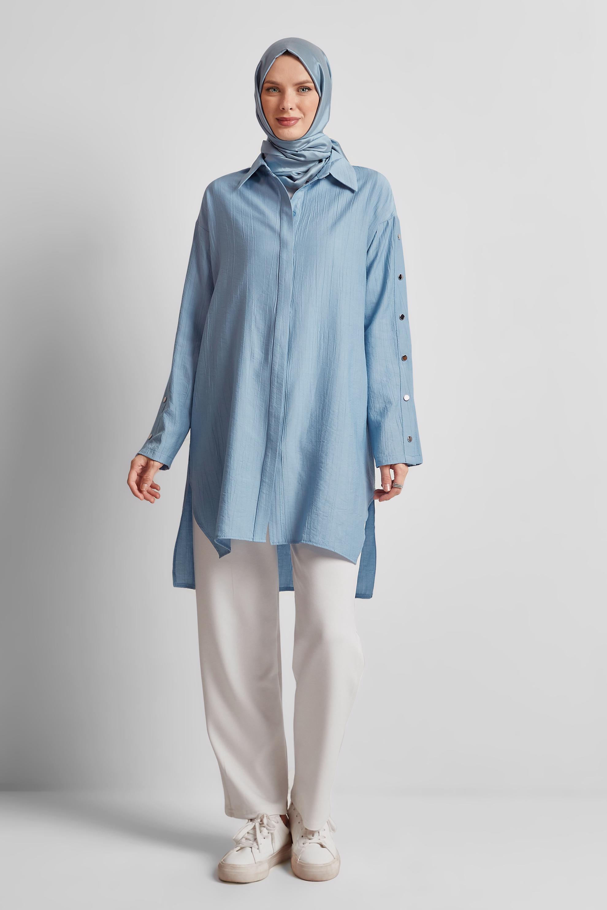 Tesettür giyim MAVİ ÇITÇIT DETAYLI TUNİK 45681