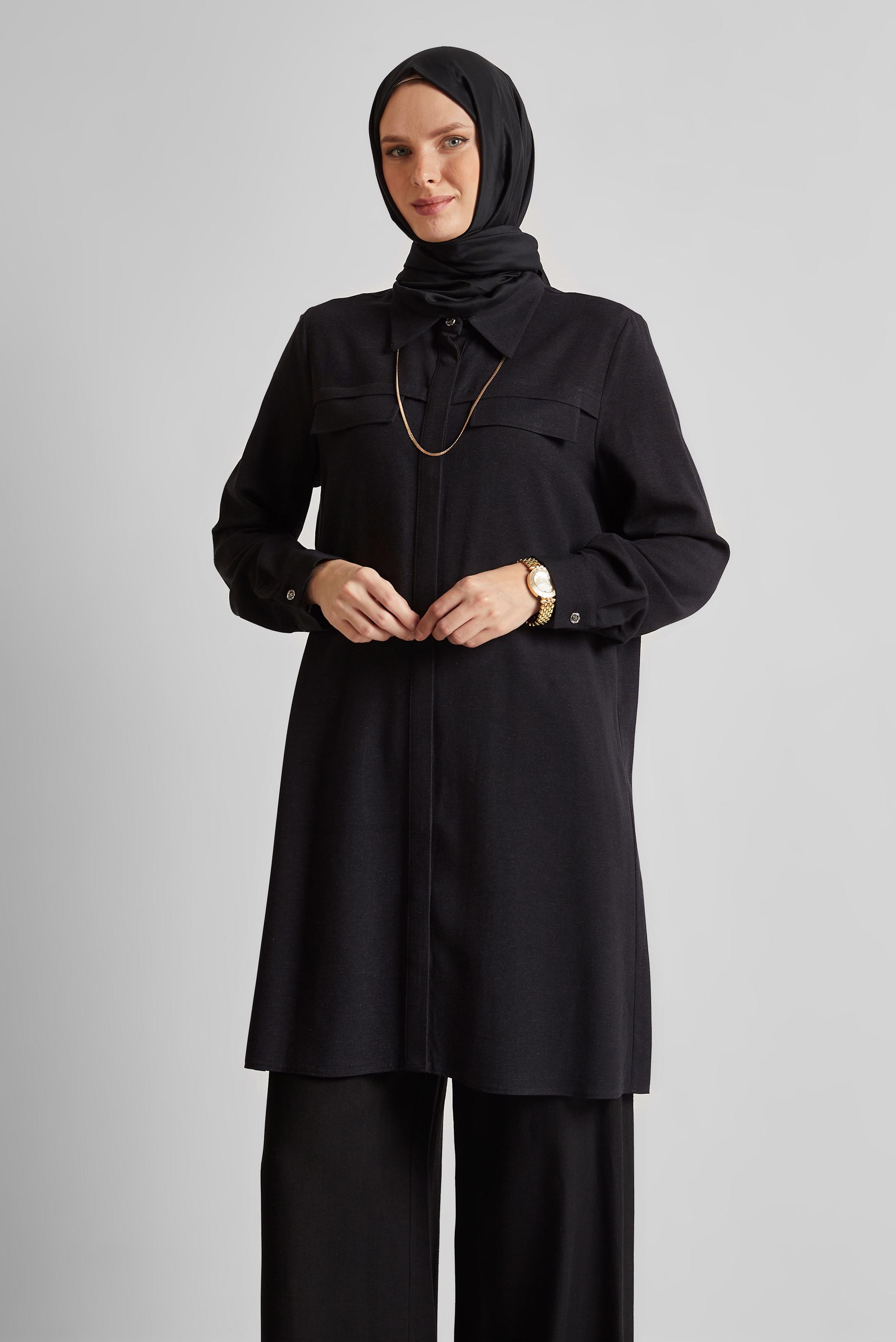 Tesettür giyim SİYAH GÖMLEK YAKA TUNİK 45683