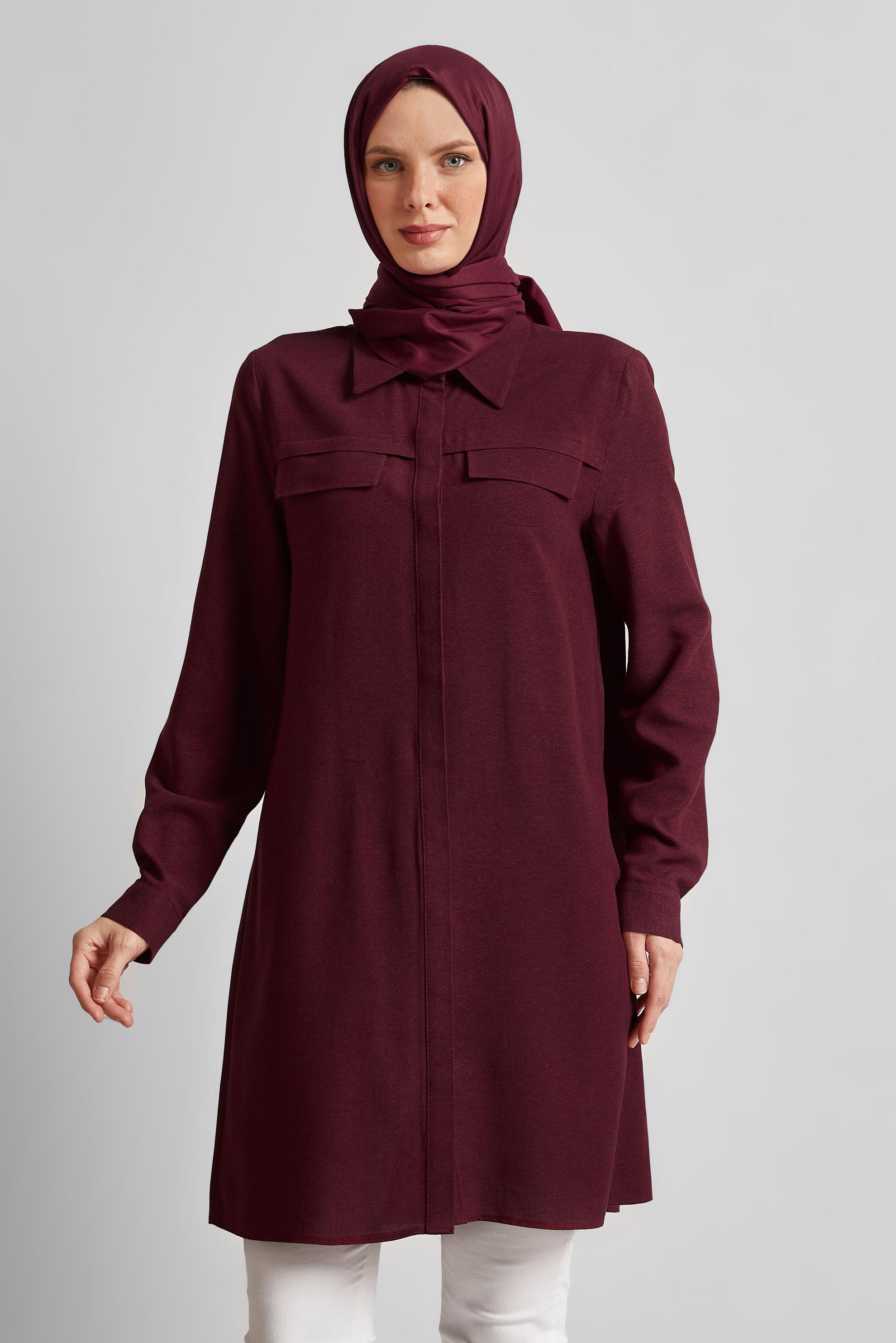 Tesettür giyim BORDO GÖMLEK YAKA TUNİK 45683