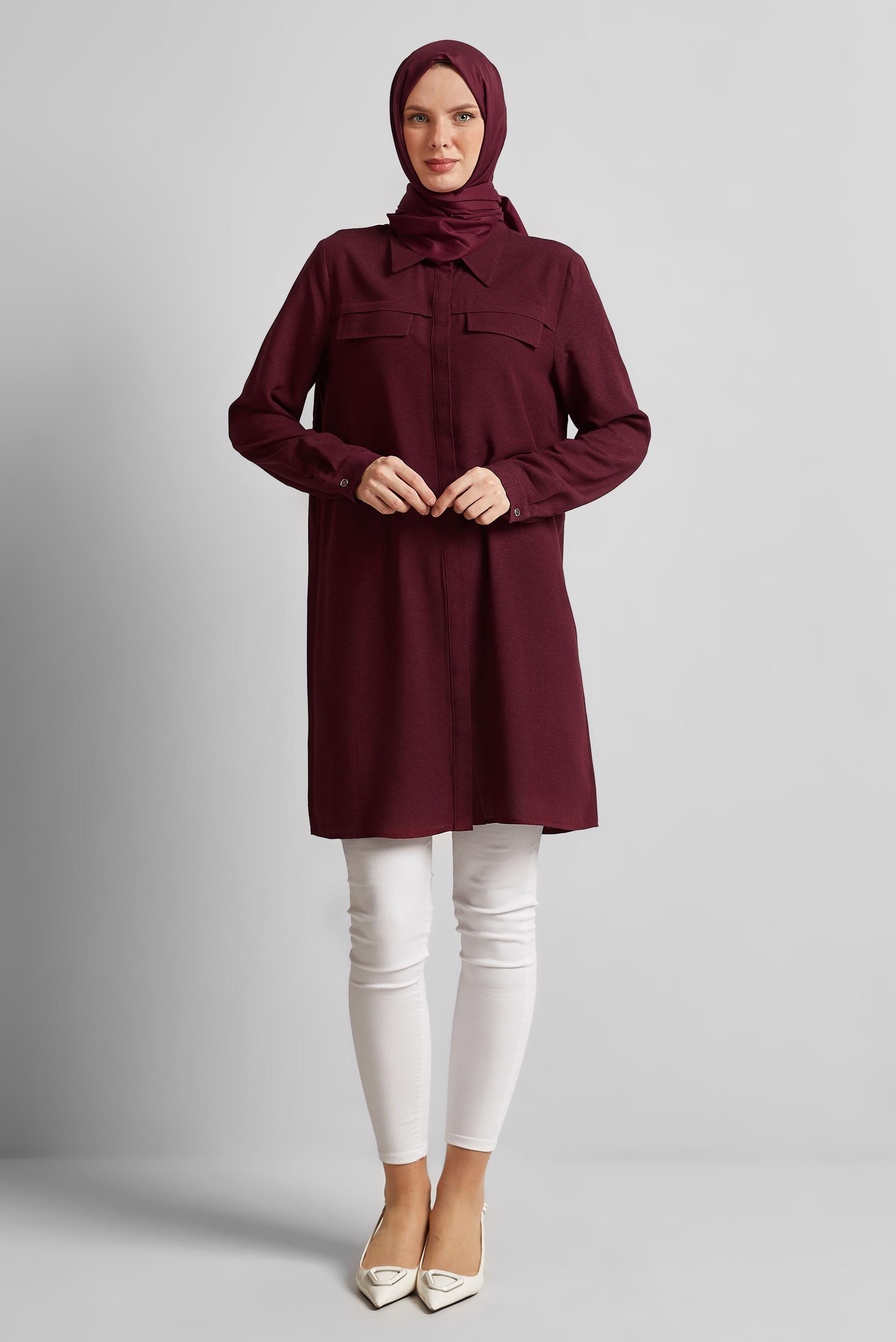 Tesettür giyim BORDO GÖMLEK YAKA TUNİK 45683