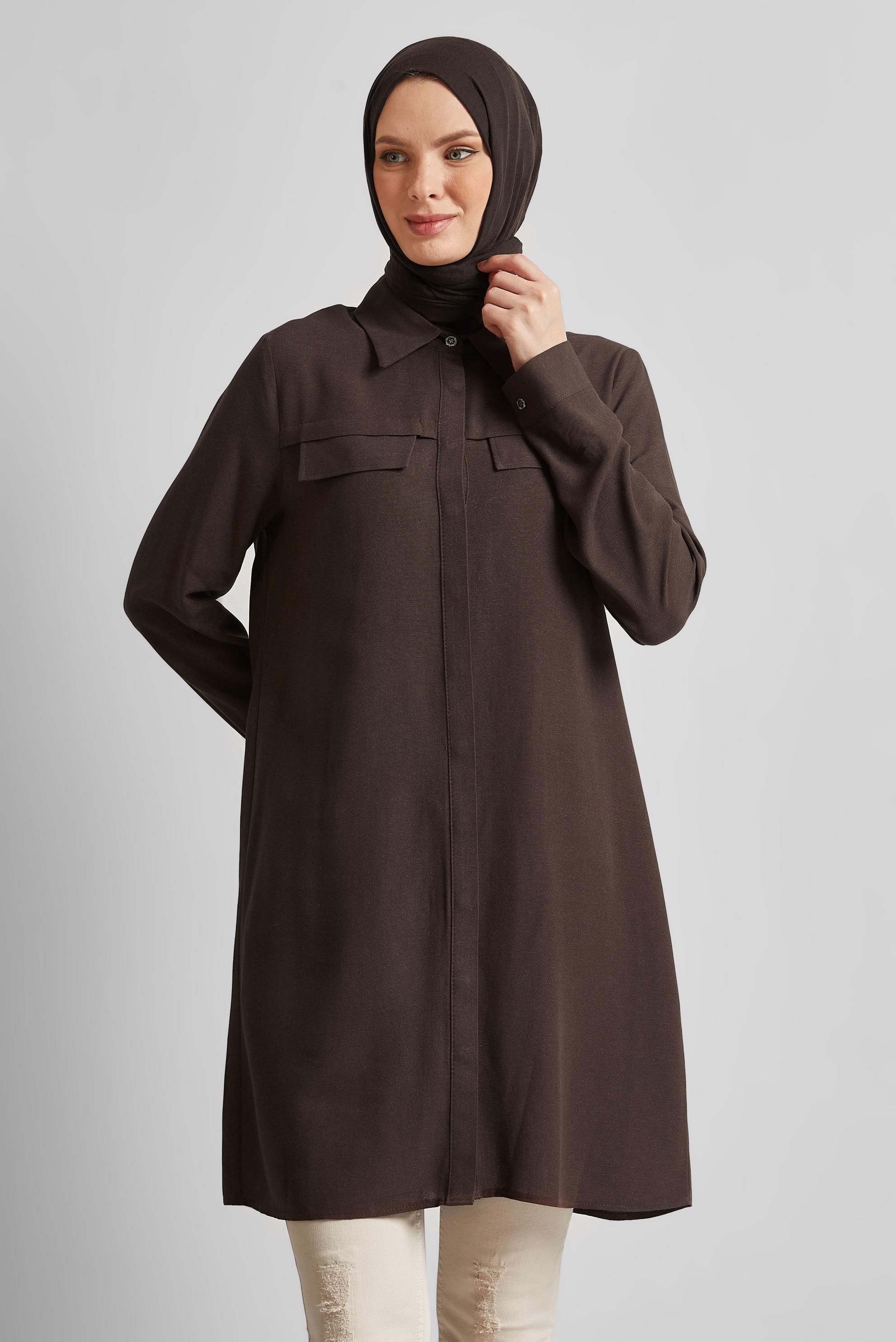 Tesettür giyim KAHVE GÖMLEK YAKA TUNİK 45683