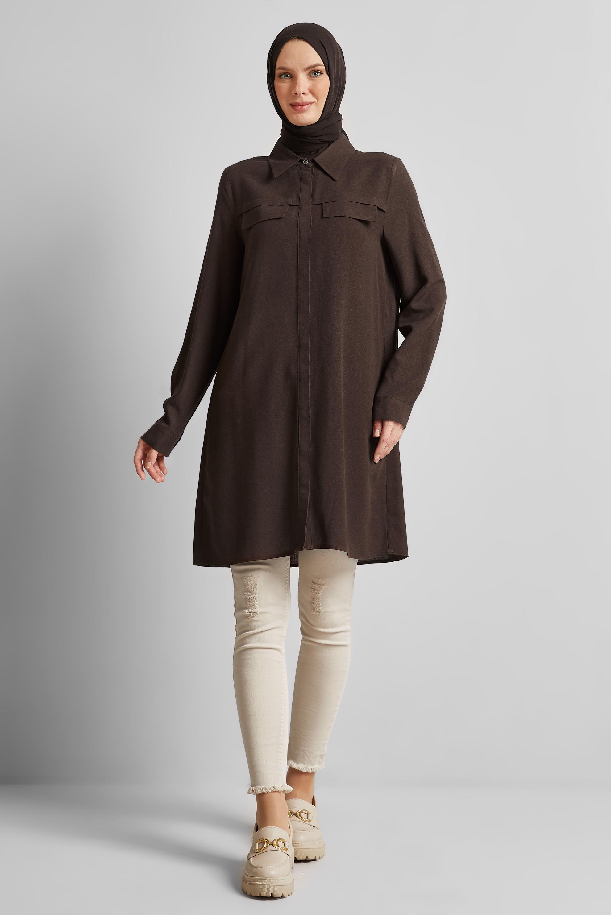 Tesettür giyim KAHVE GÖMLEK YAKA TUNİK 45683