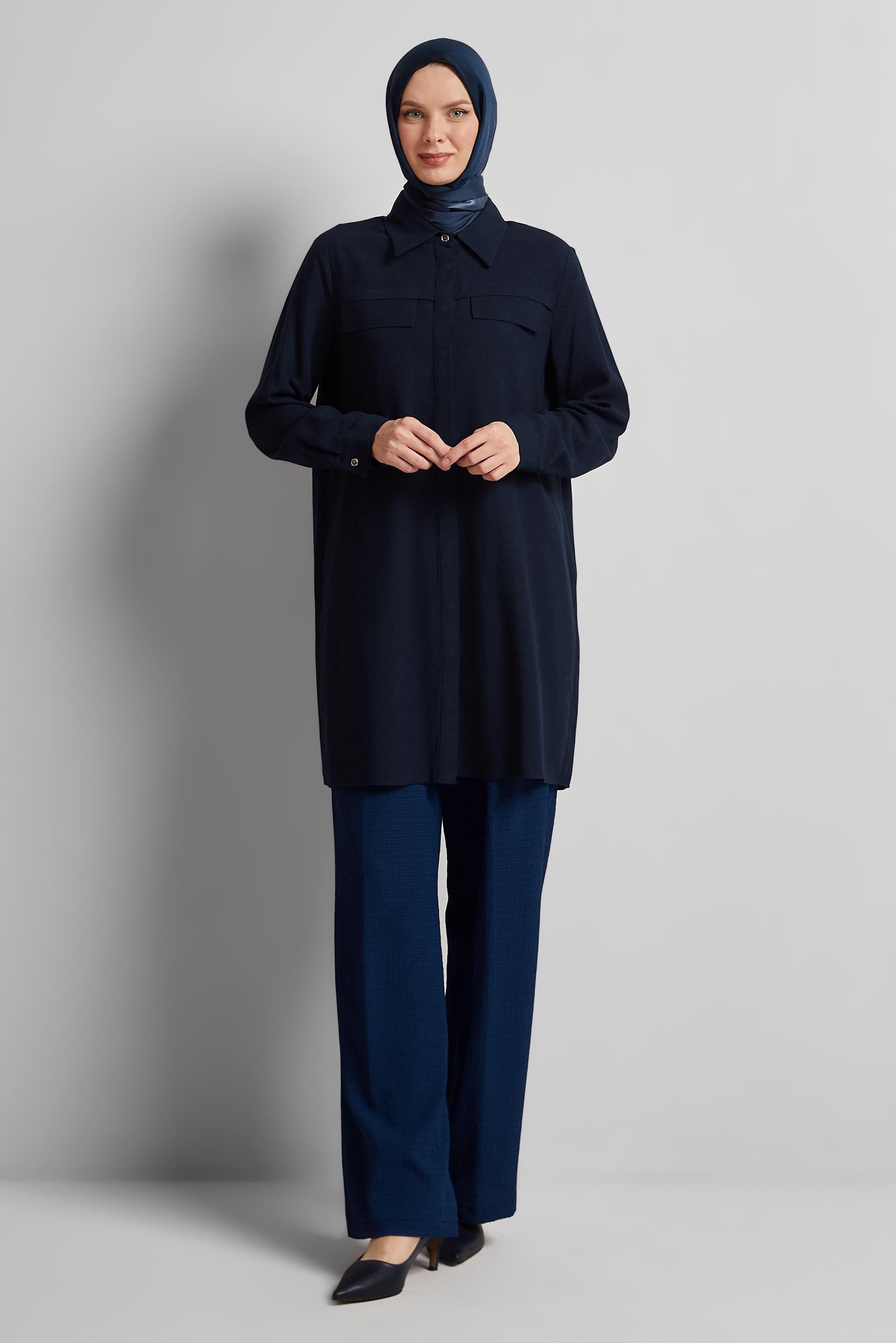 Tesettür giyim LACİVERT GÖMLEK YAKA TUNİK 45683
