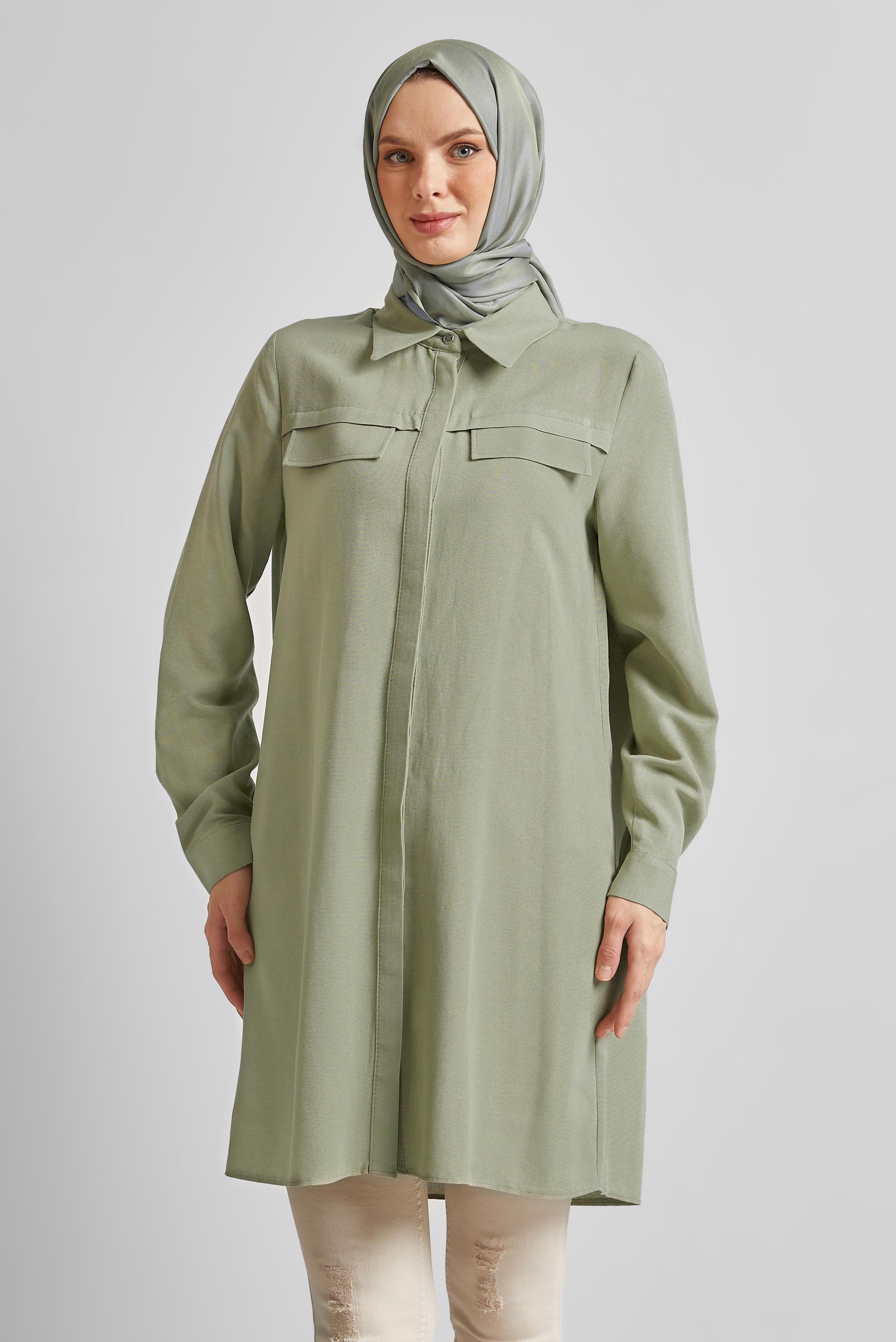 Tesettür giyim YEŞİL GÖMLEK YAKA TUNİK 45683