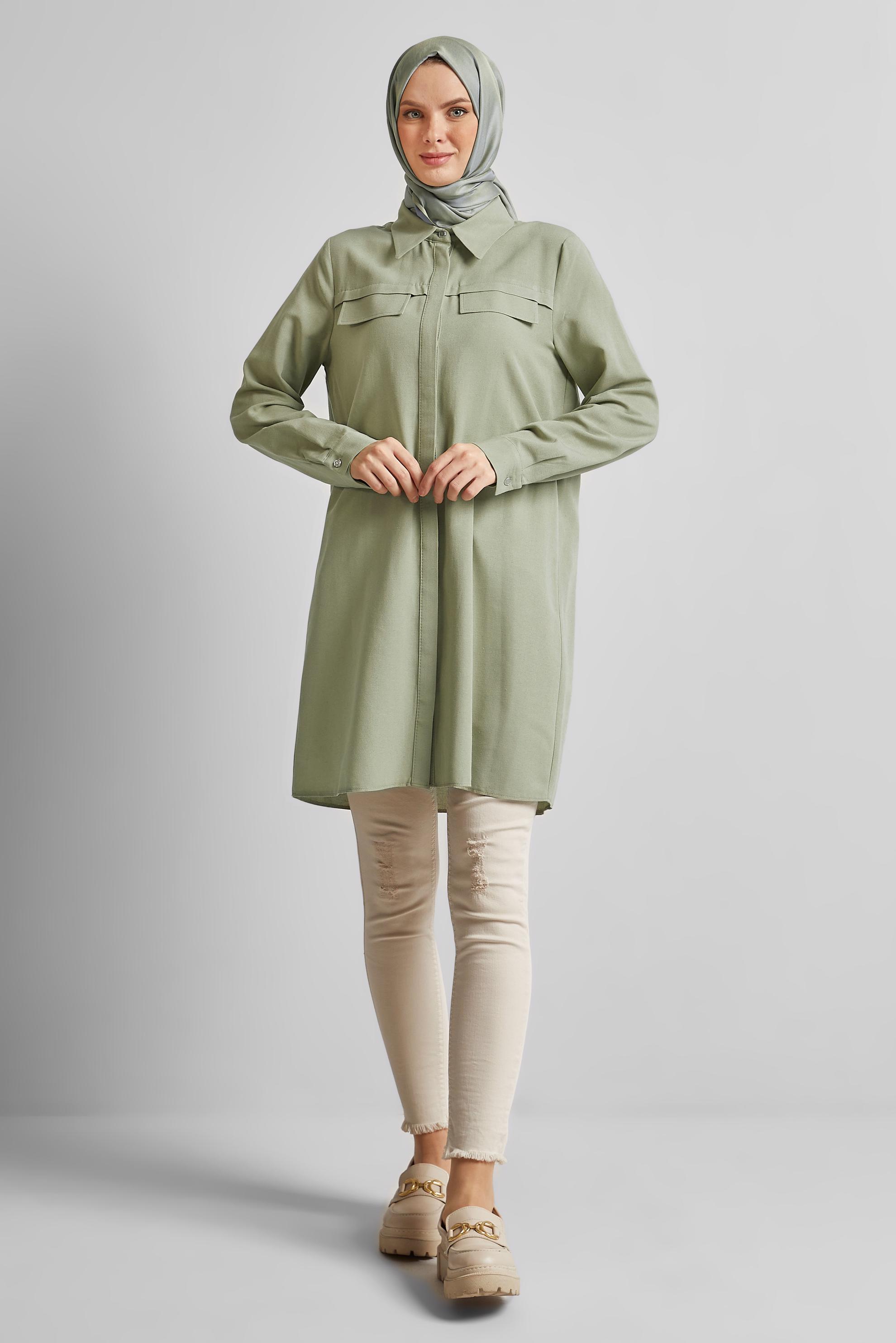 Tesettür giyim YEŞİL GÖMLEK YAKA TUNİK 45683