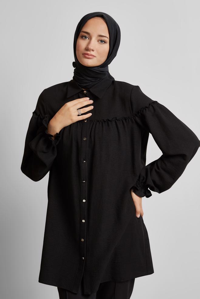 Hijab-Kleidung SCHWARZ HEMDKRAGEN TUNIKA 45690 - ALVİNA