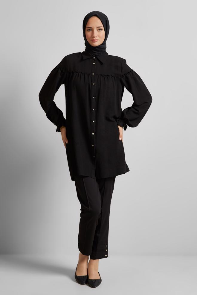 Hijab-Kleidung SCHWARZ HEMDKRAGEN TUNIKA 45690 - ALVİNA